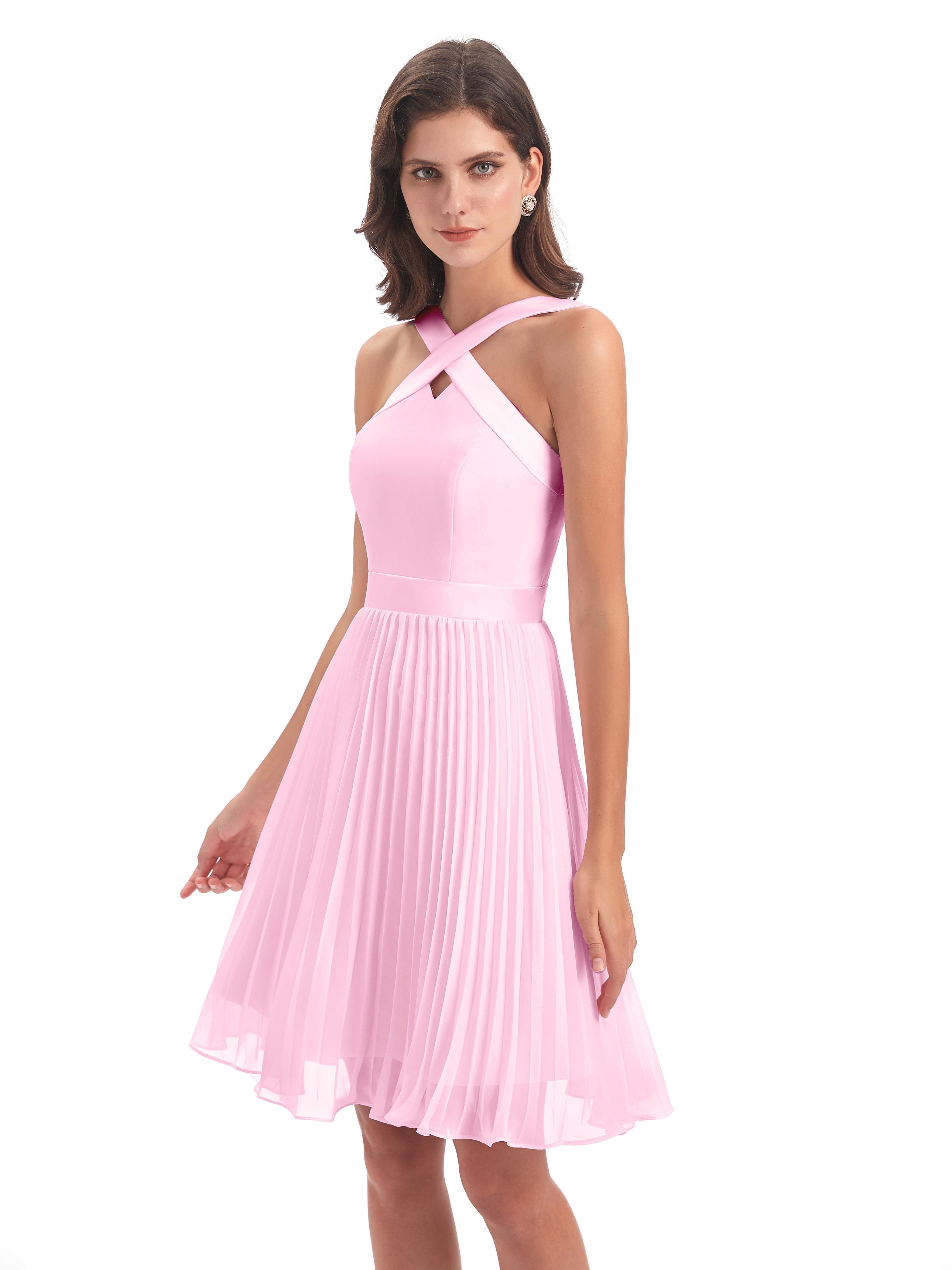 Robe Demoiselle D Honneur Rose Bonbon Longueur Genou Plis Bretelles Robes Demoiselle D'Honneur