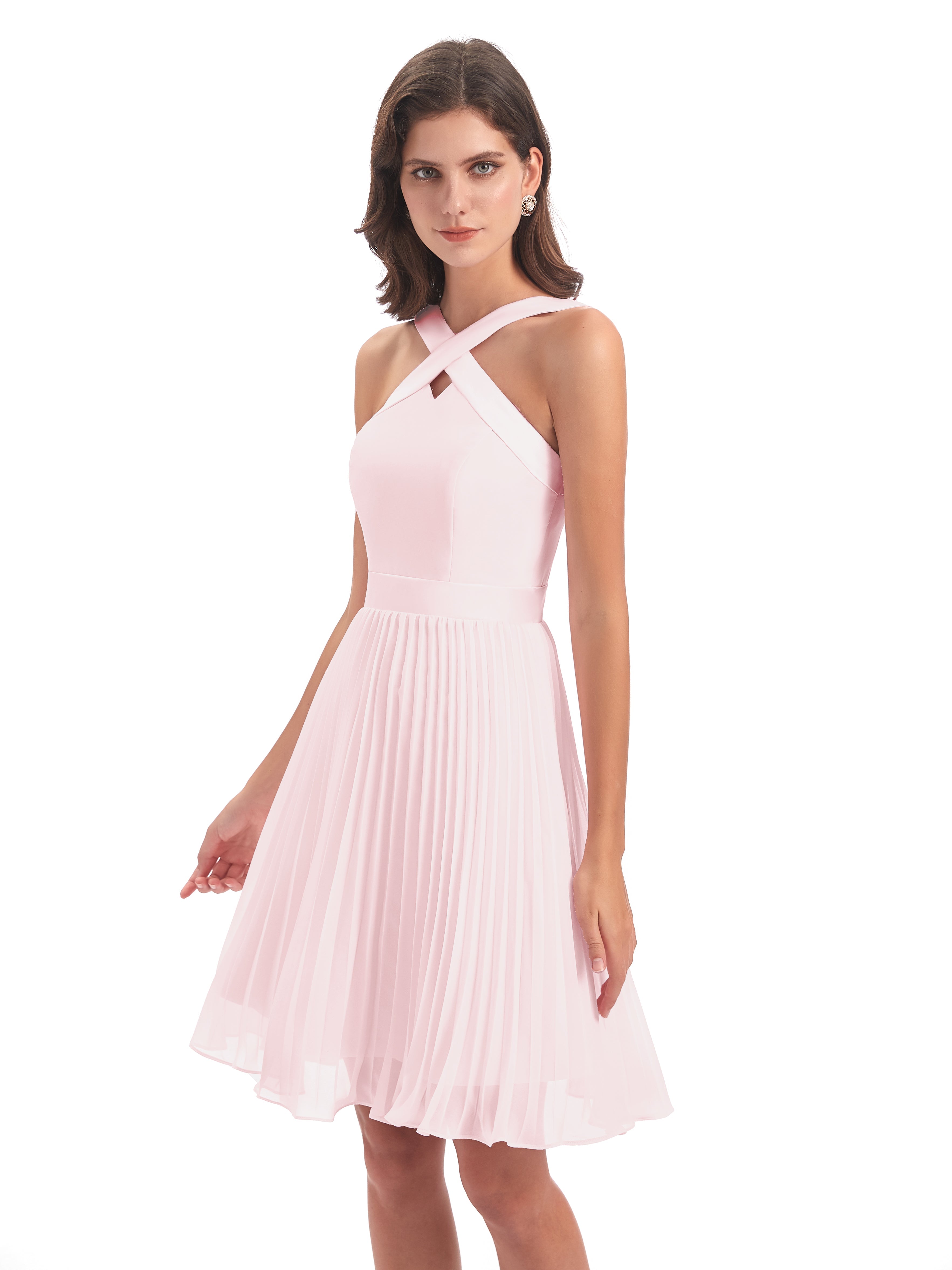 Robe Courte Rose Pale Mariage Longueur Genou Plis Bretelles Robes Demoiselle D'Honneur