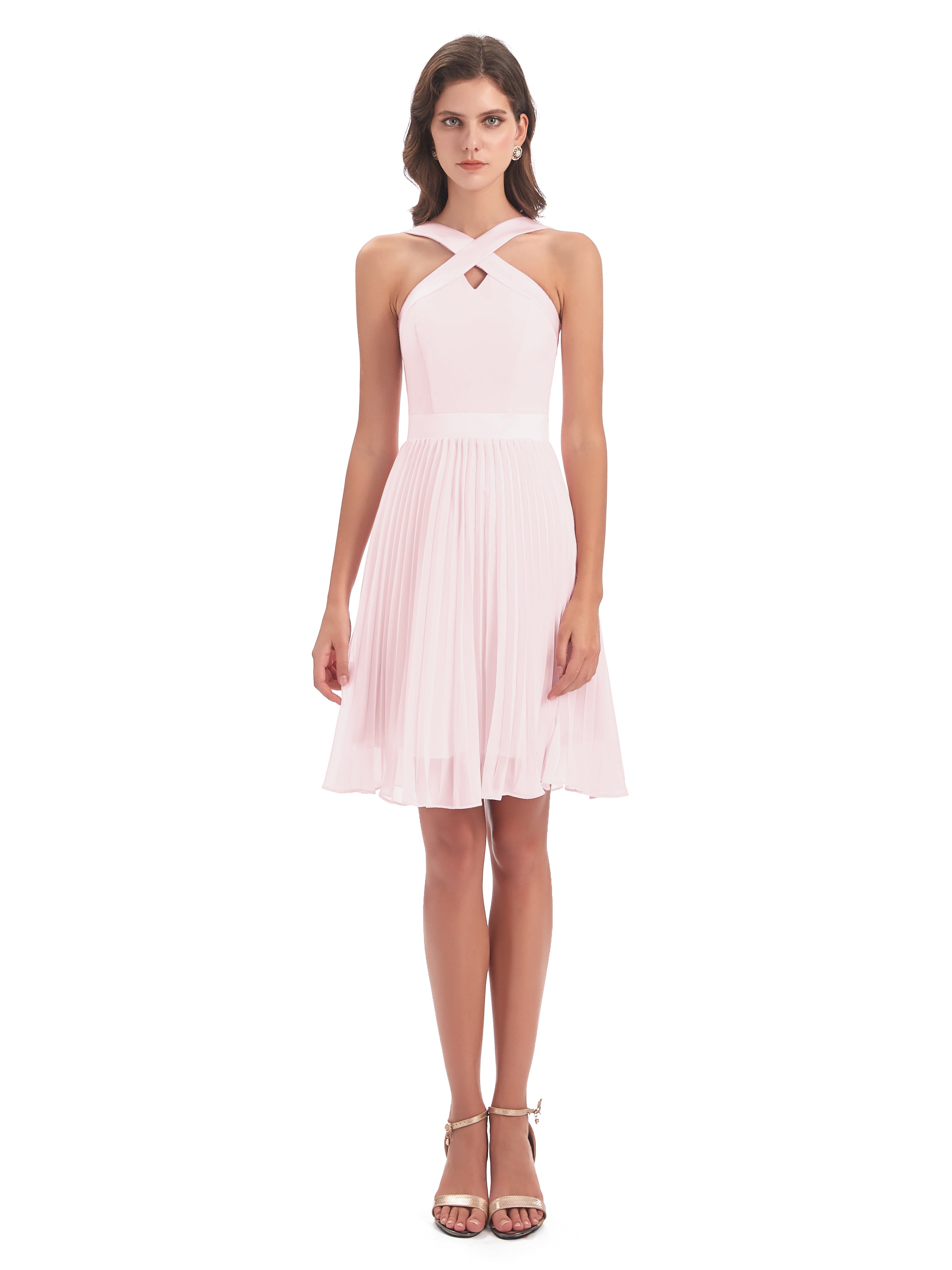 Robe Courte Rose Pale Mariage Longueur Genou Plis Bretelles Robes Demoiselle D'Honneur