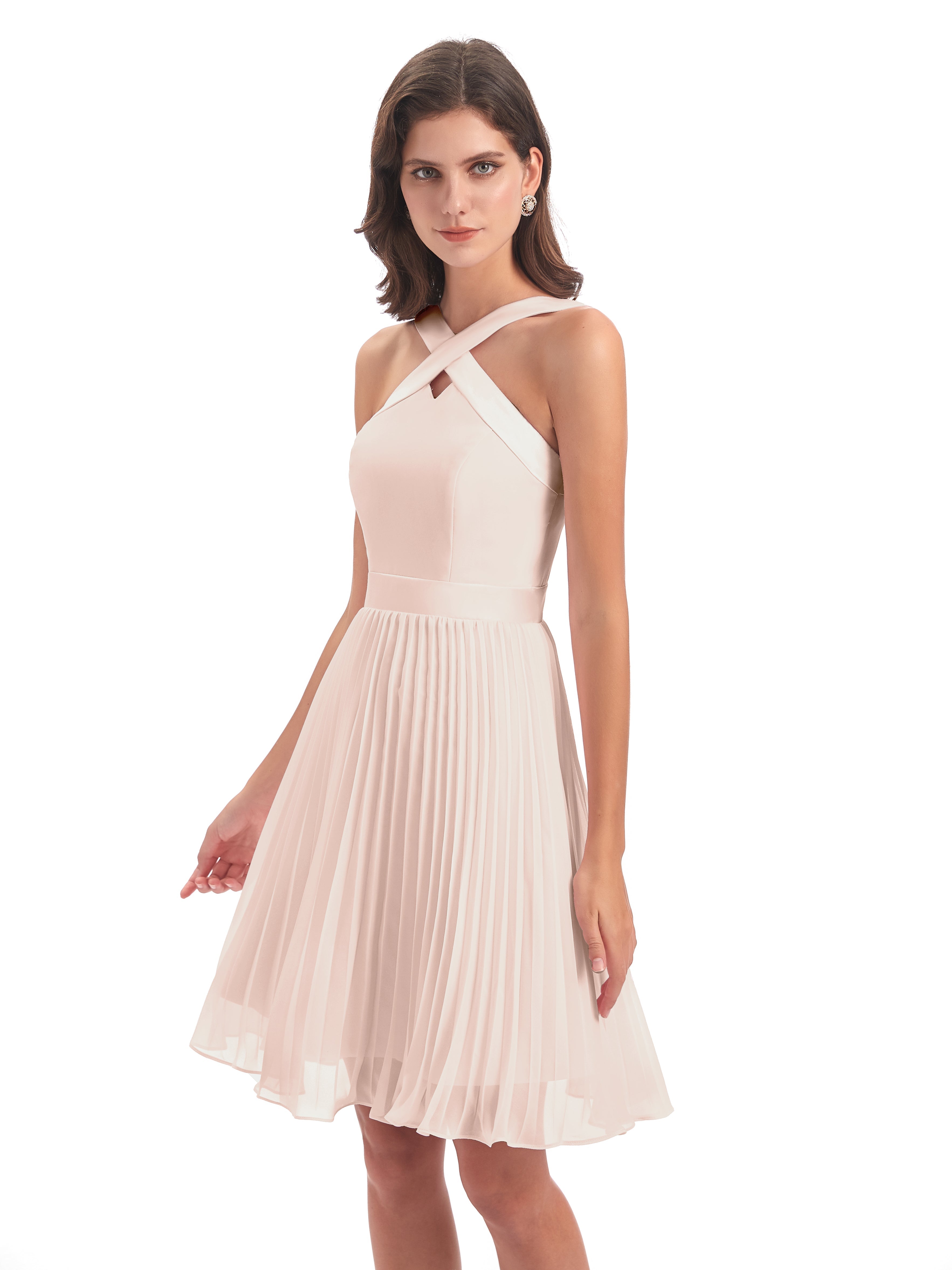 Robe Demoiselle D Honneur Rose Perle Longueur Genou Plis Bretelles Robes Demoiselle D'Honneur