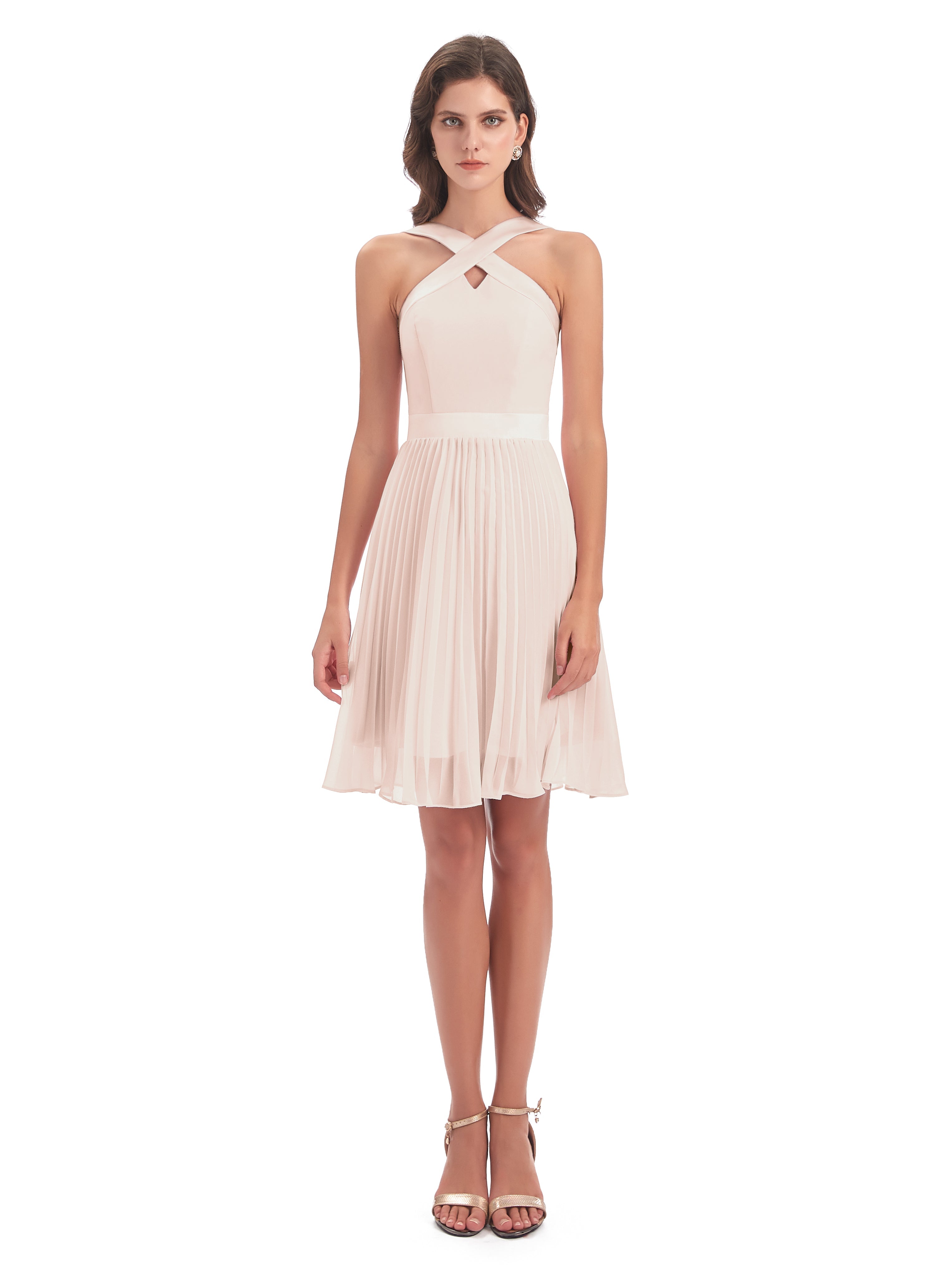 Robe Demoiselle D Honneur Rose Perle Longueur Genou Plis Bretelles Robes Demoiselle D'Honneur