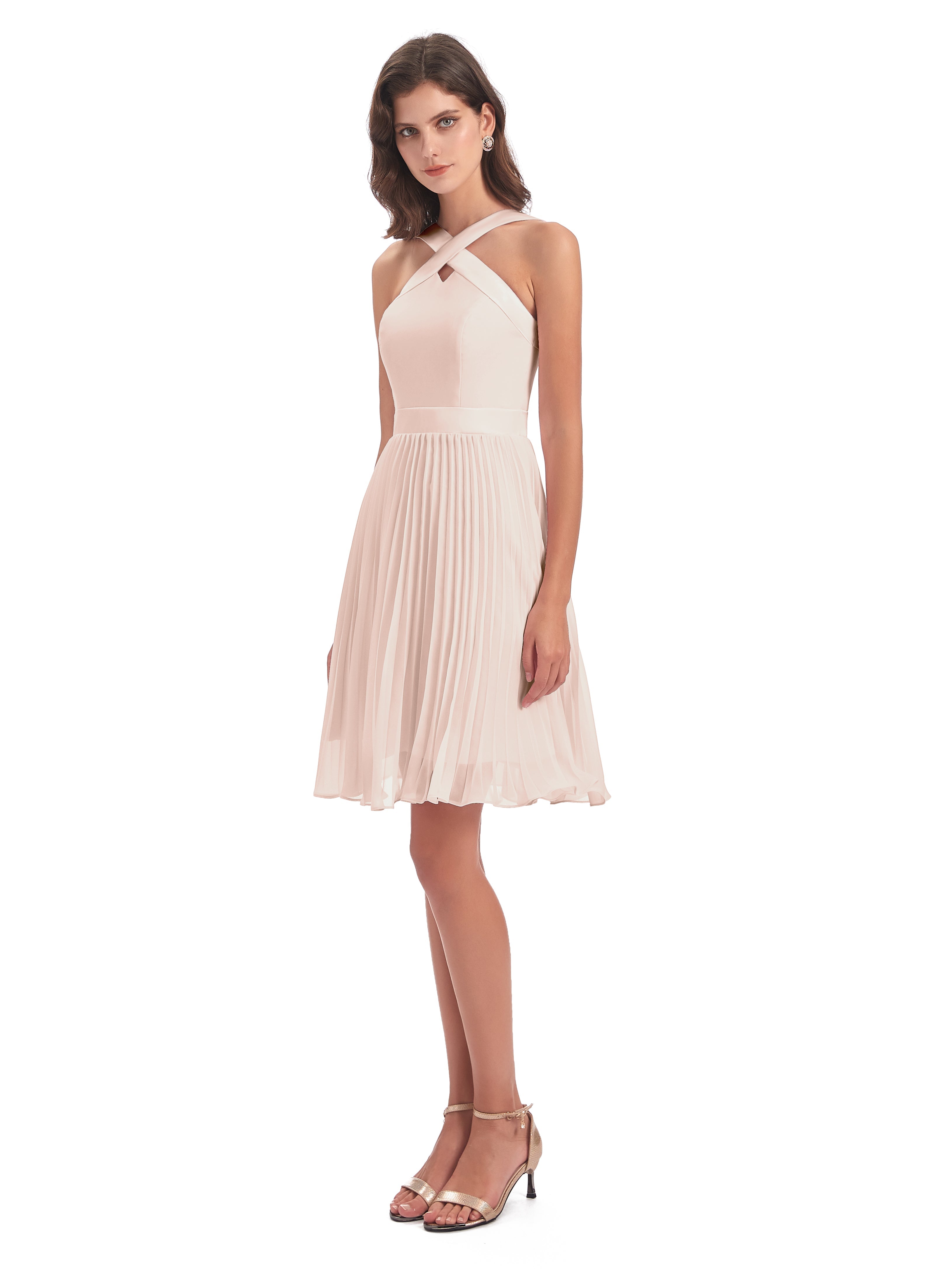 Robe Demoiselle D Honneur Rose Perle Longueur Genou Plis Bretelles Robes Demoiselle D'Honneur