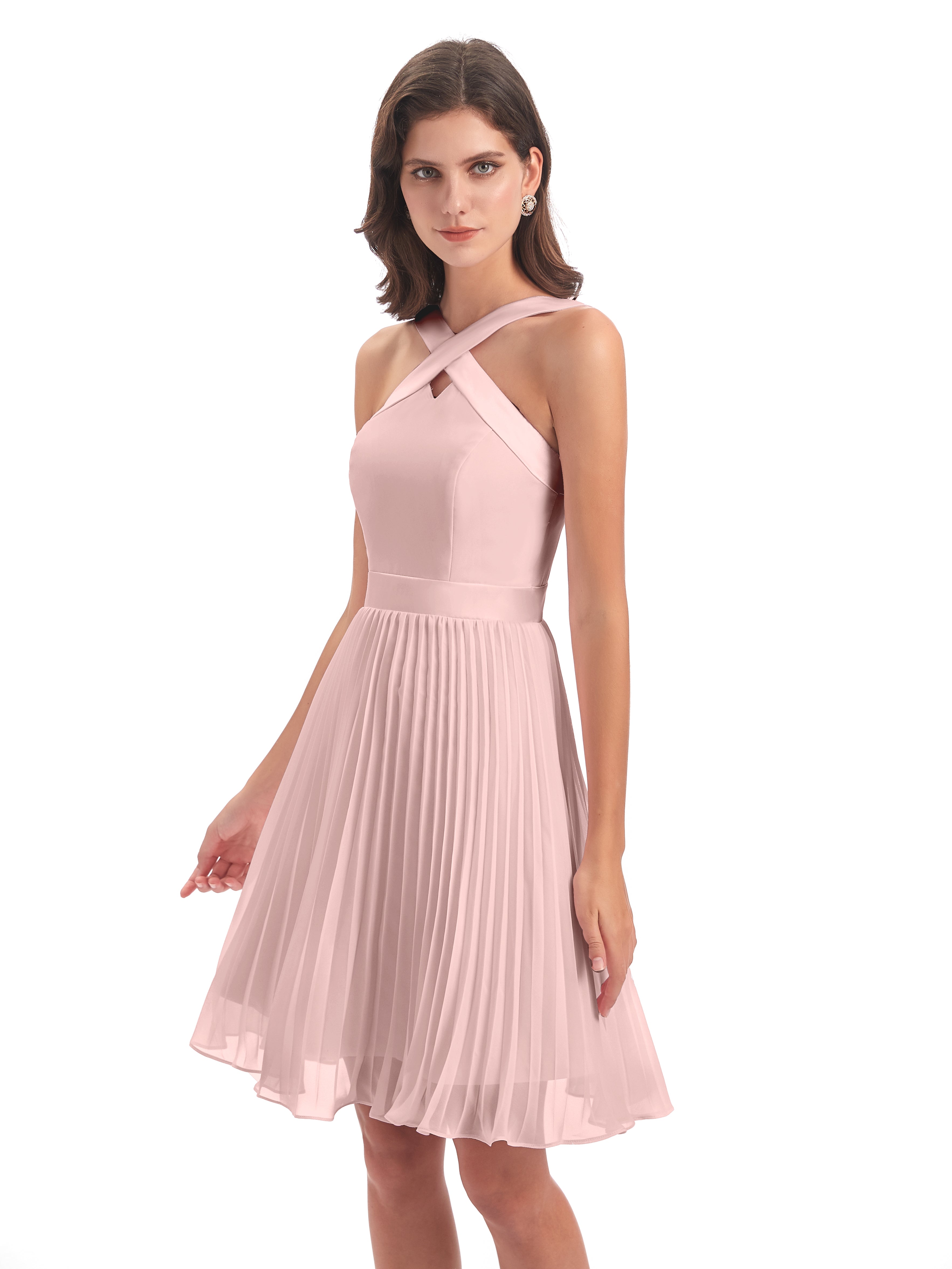 Robe Rose Poudré Mariage Courte Longueur Genou Plis Bretelles Robes Demoiselle D'Honneur