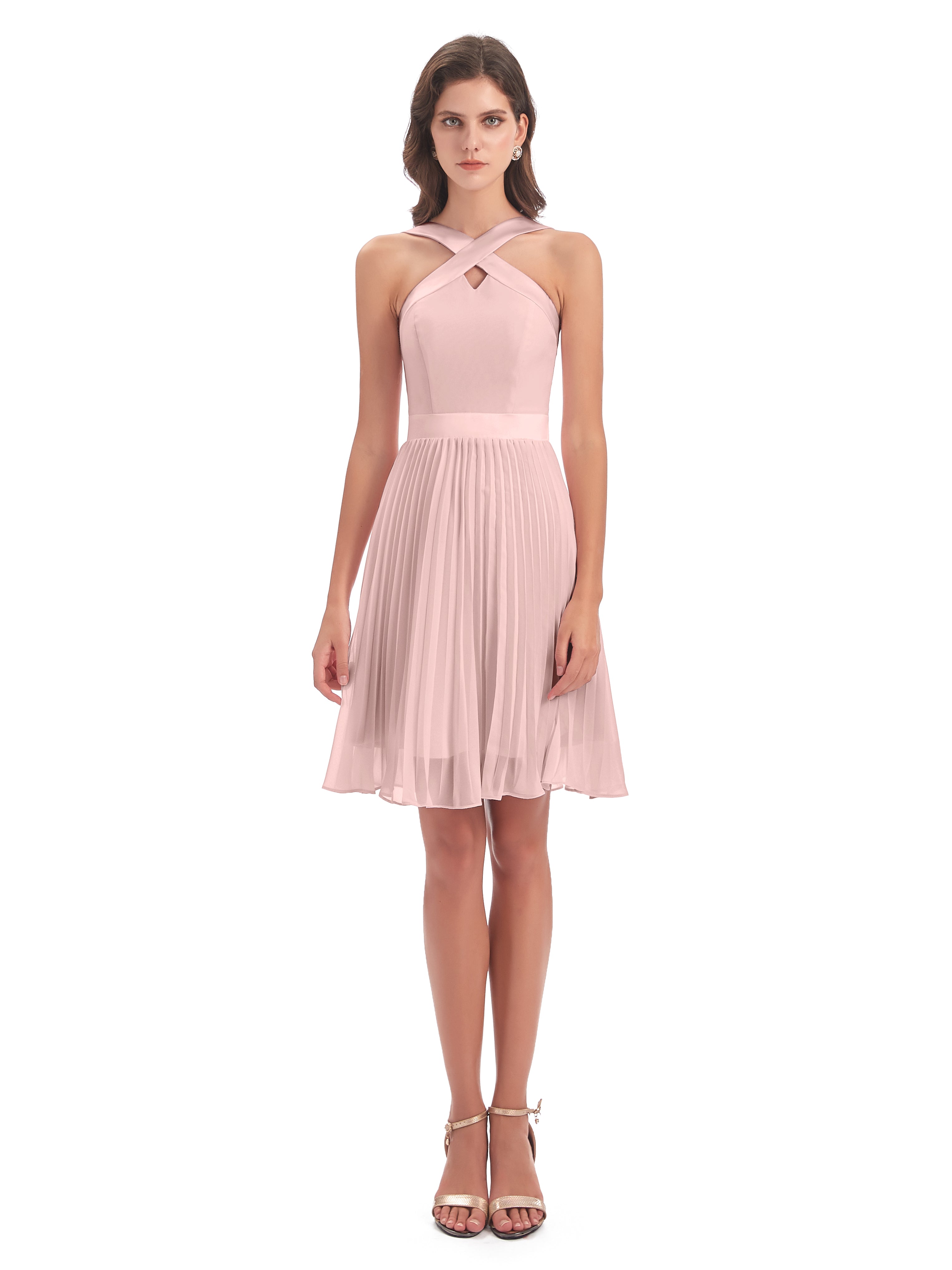 Robe Rose Poudré Mariage Courte Longueur Genou Plis Bretelles Robes Demoiselle D'Honneur