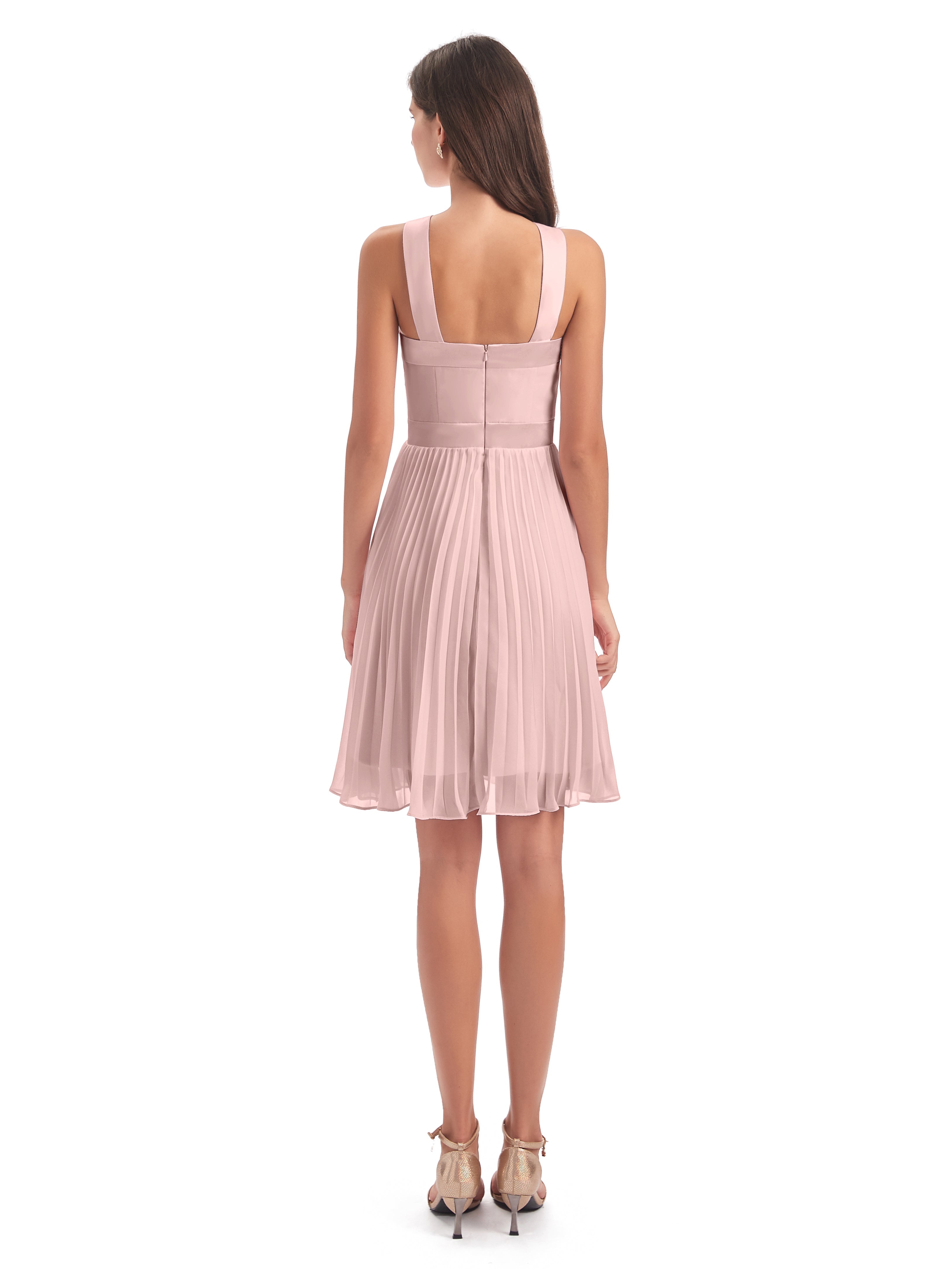 Robe Rose Poudré Mariage Courte Longueur Genou Plis Bretelles Robes Demoiselle D'Honneur