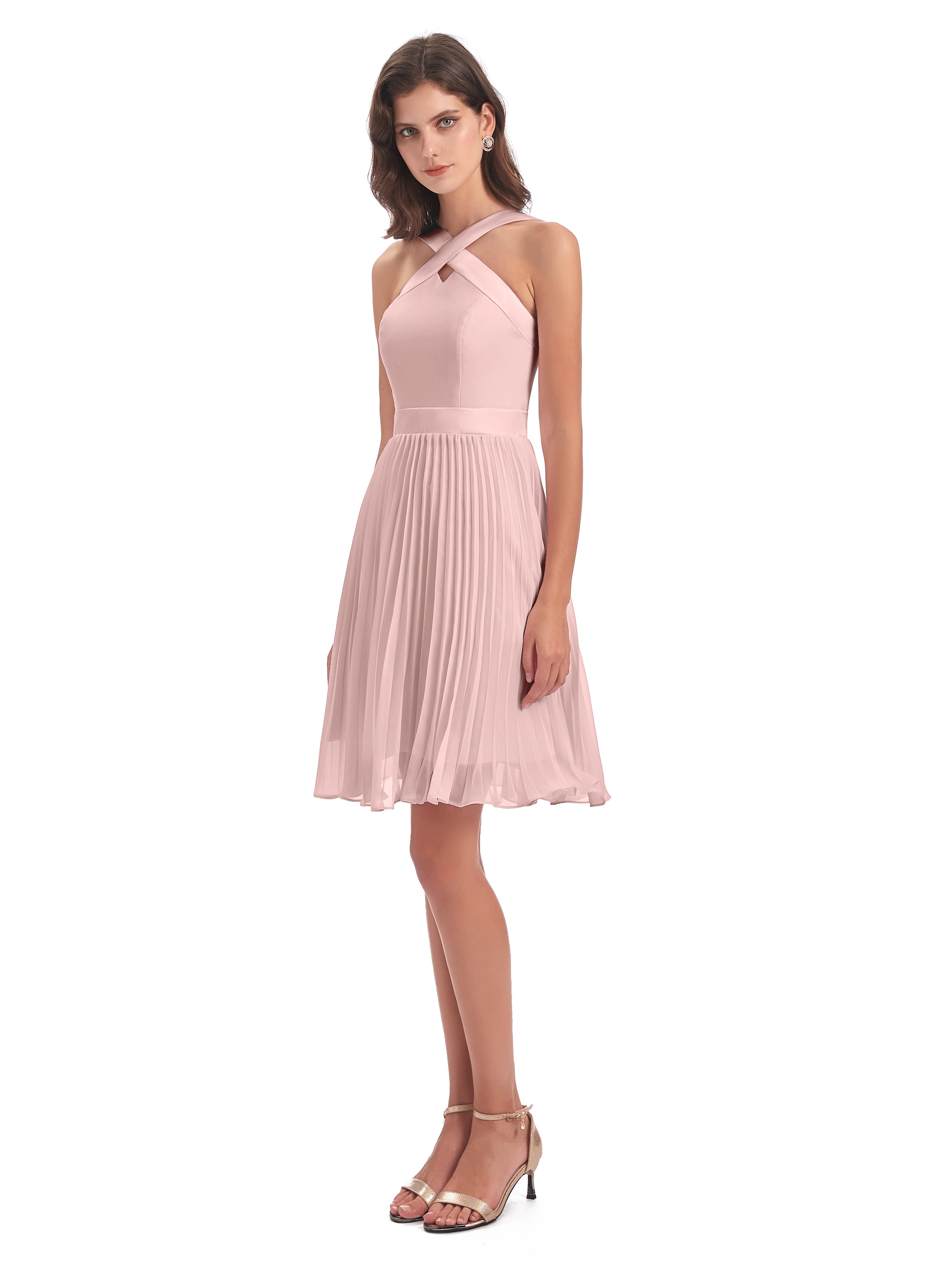 Robe Rose Poudré Mariage Courte Longueur Genou Plis Bretelles Robes Demoiselle D'Honneur