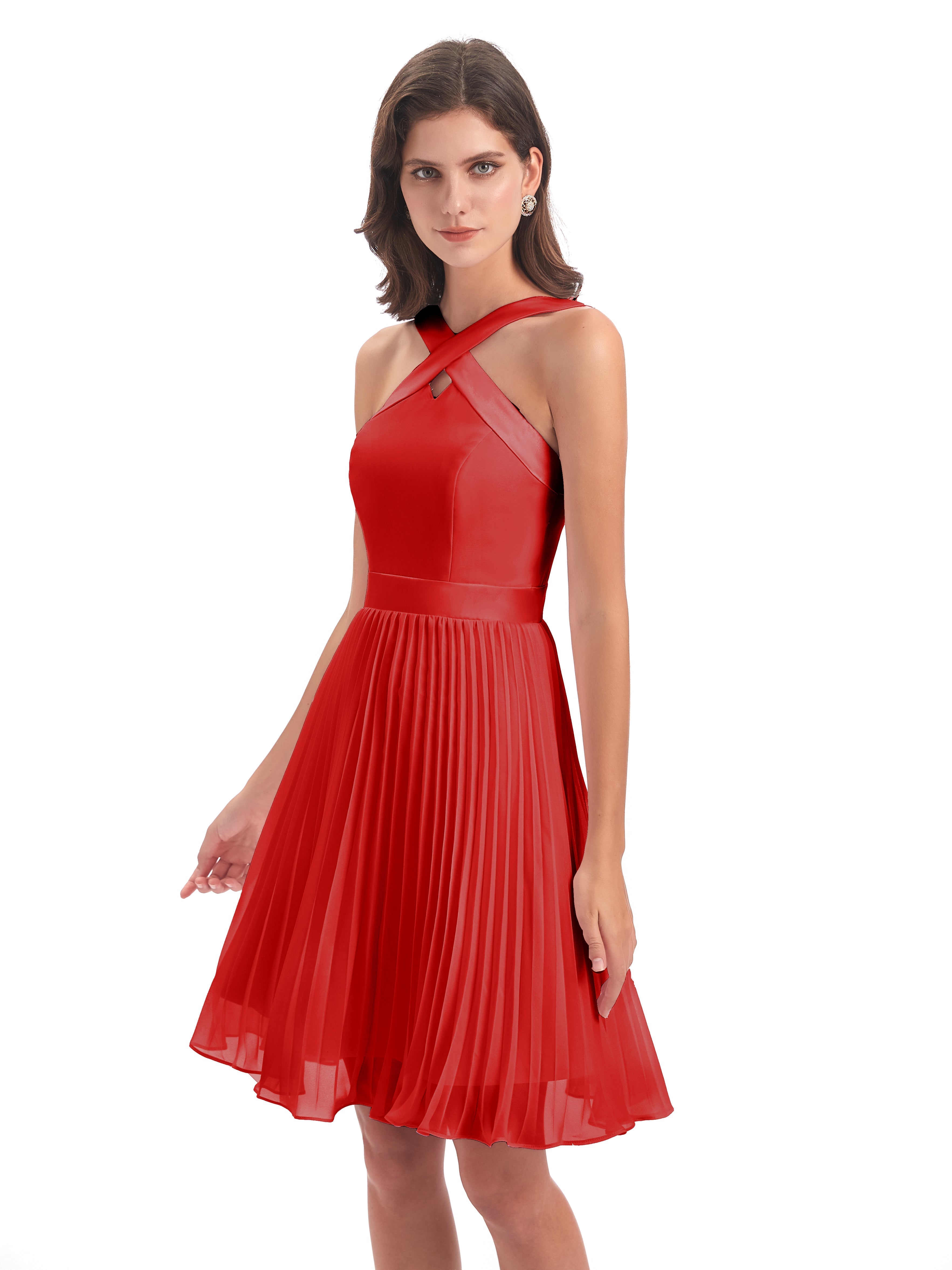 Robes De Demoiselle D'Honneur Rouges Courtes Longueur Genou Plis Bretelles Robes Demoiselle D'Honneur