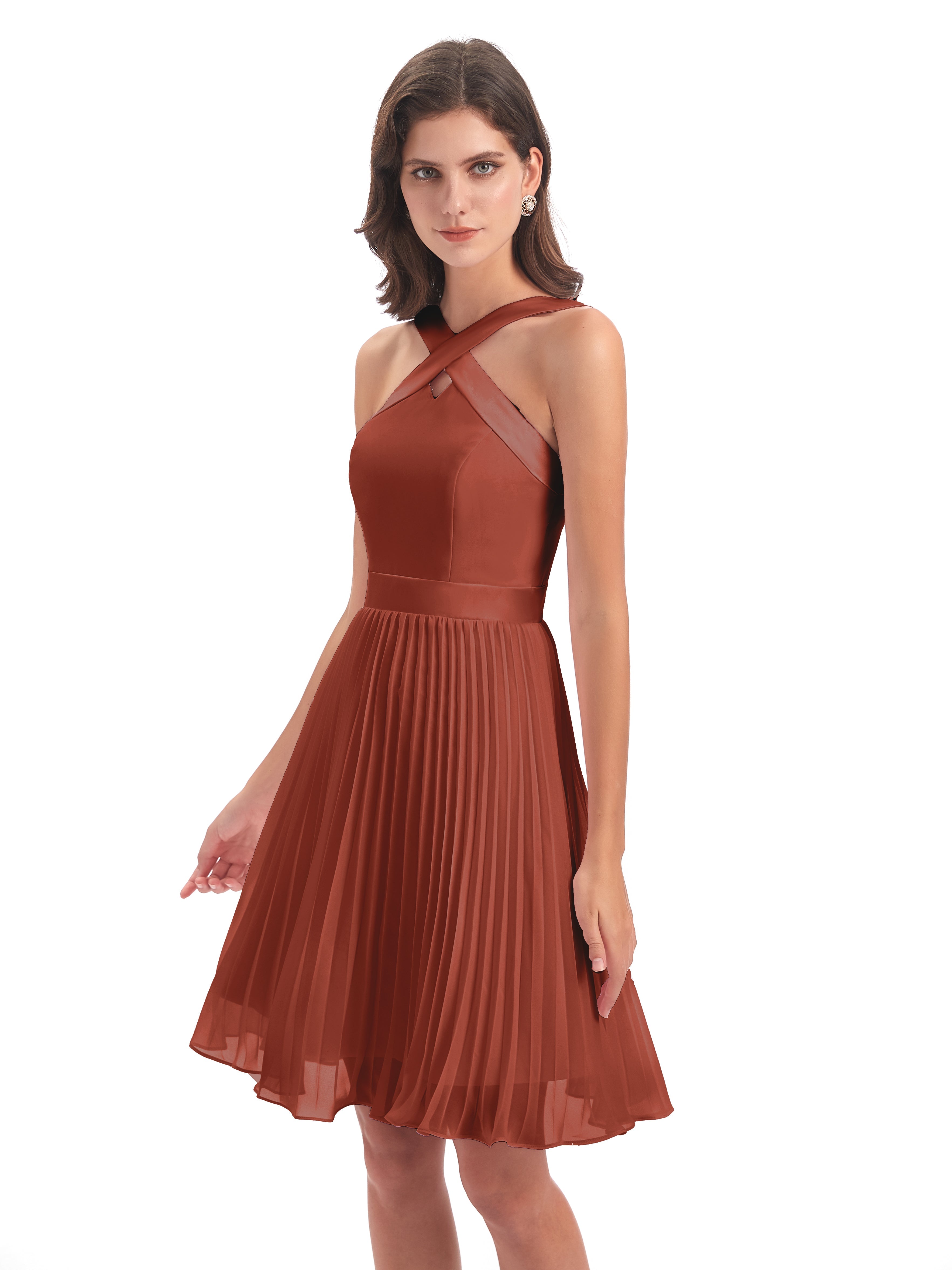 Rouille De Demoiselle D'Honneur Longueur Genou Plis Bretelles Robes Demoiselle D'Honneur