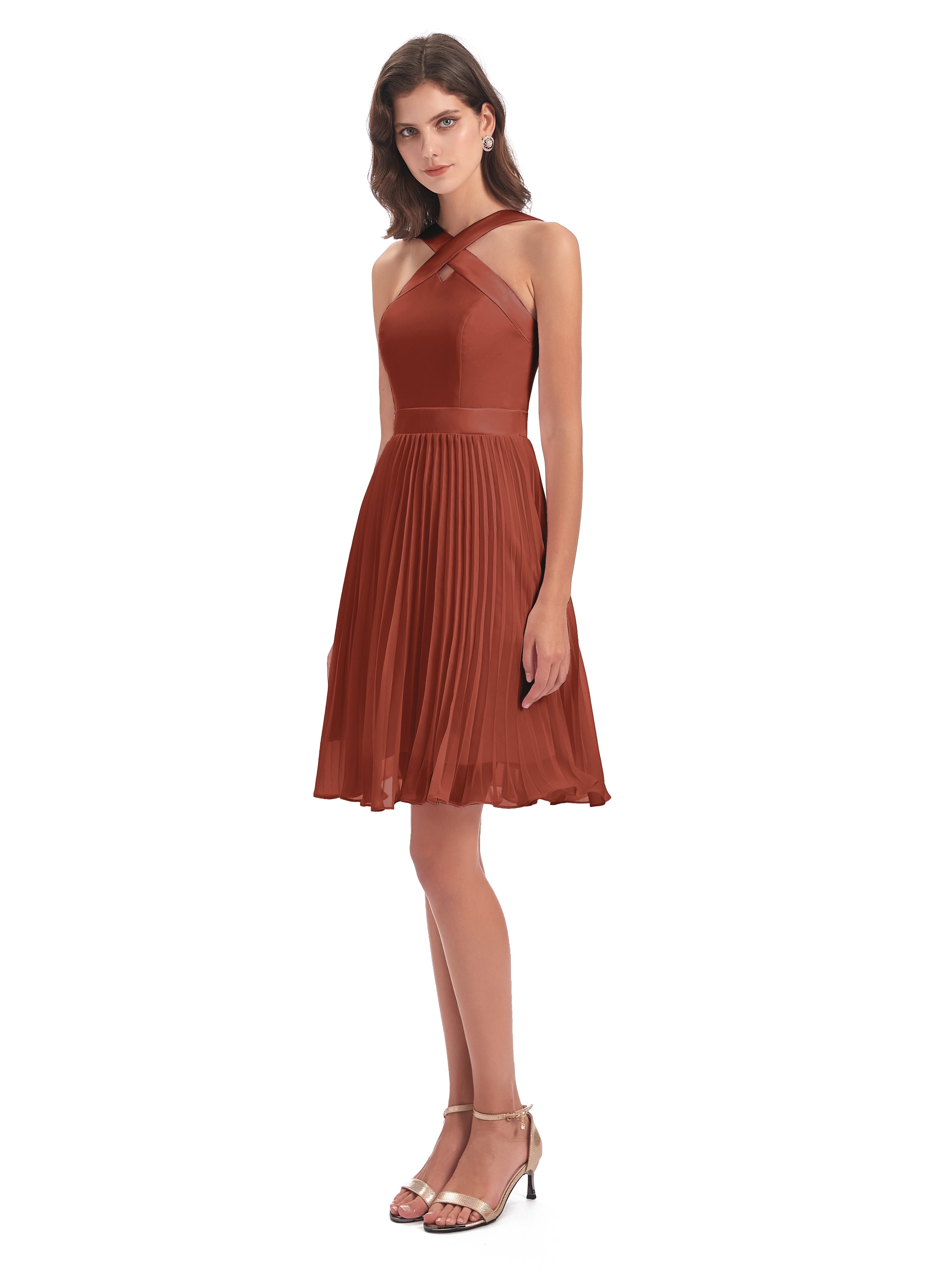 Rouille De Demoiselle D'Honneur Longueur Genou Plis Bretelles Robes Demoiselle D'Honneur