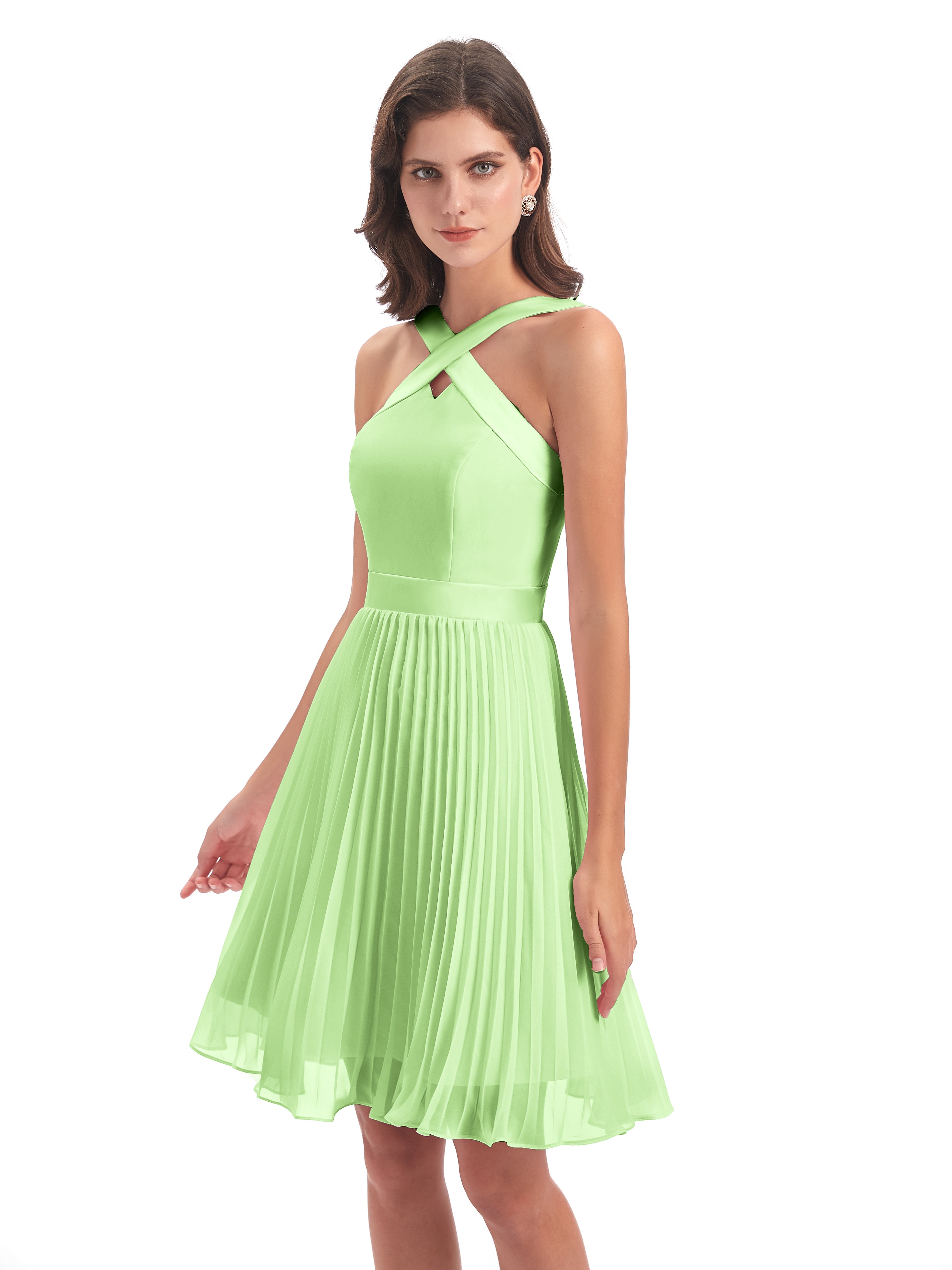 Robe Demoiselle D Honneur Sauge Longueur Genou Plis Bretelles Robes Demoiselle D'Honneur