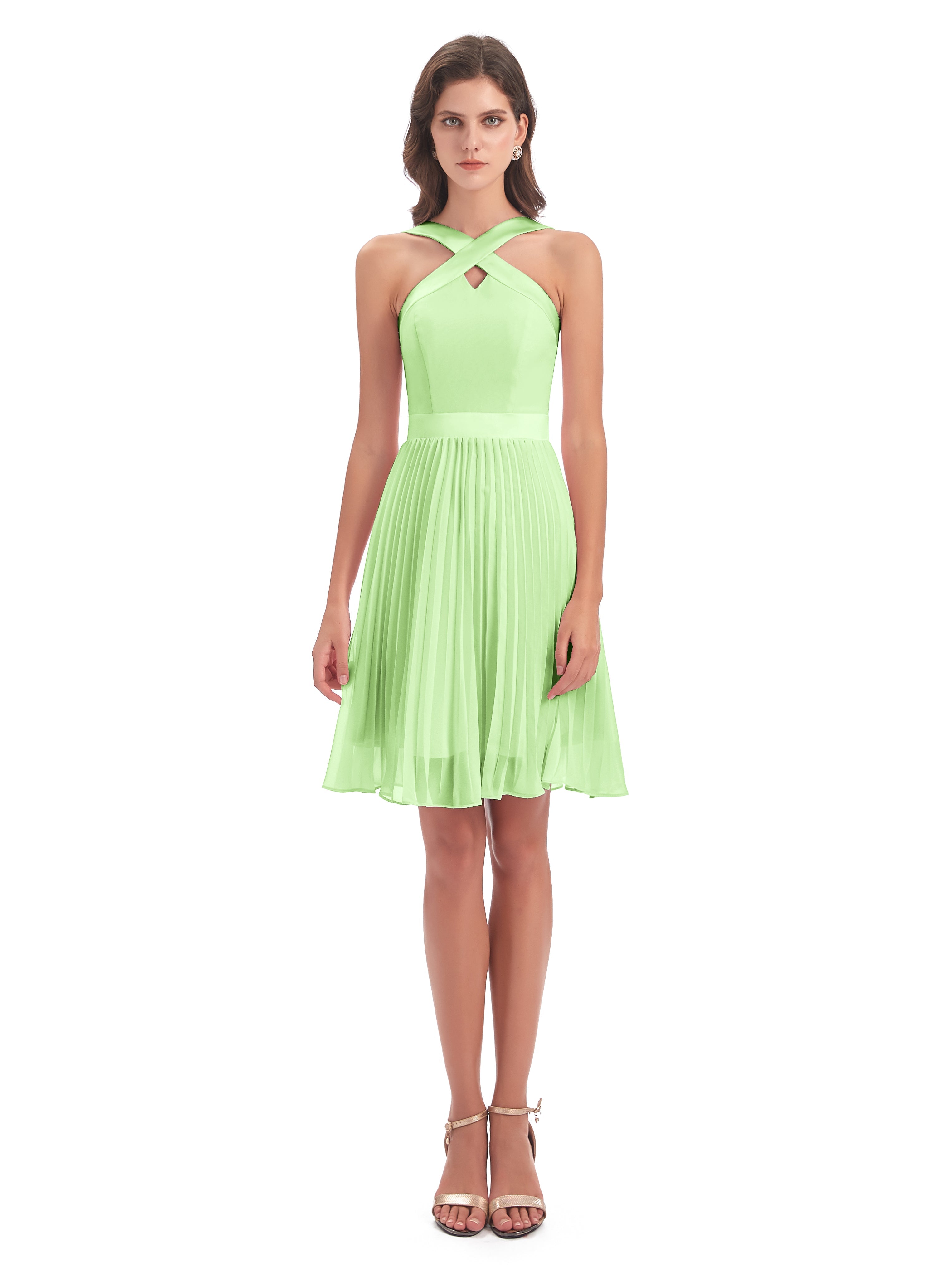 Robe Demoiselle D Honneur Sauge Longueur Genou Plis Bretelles Robes Demoiselle D'Honneur