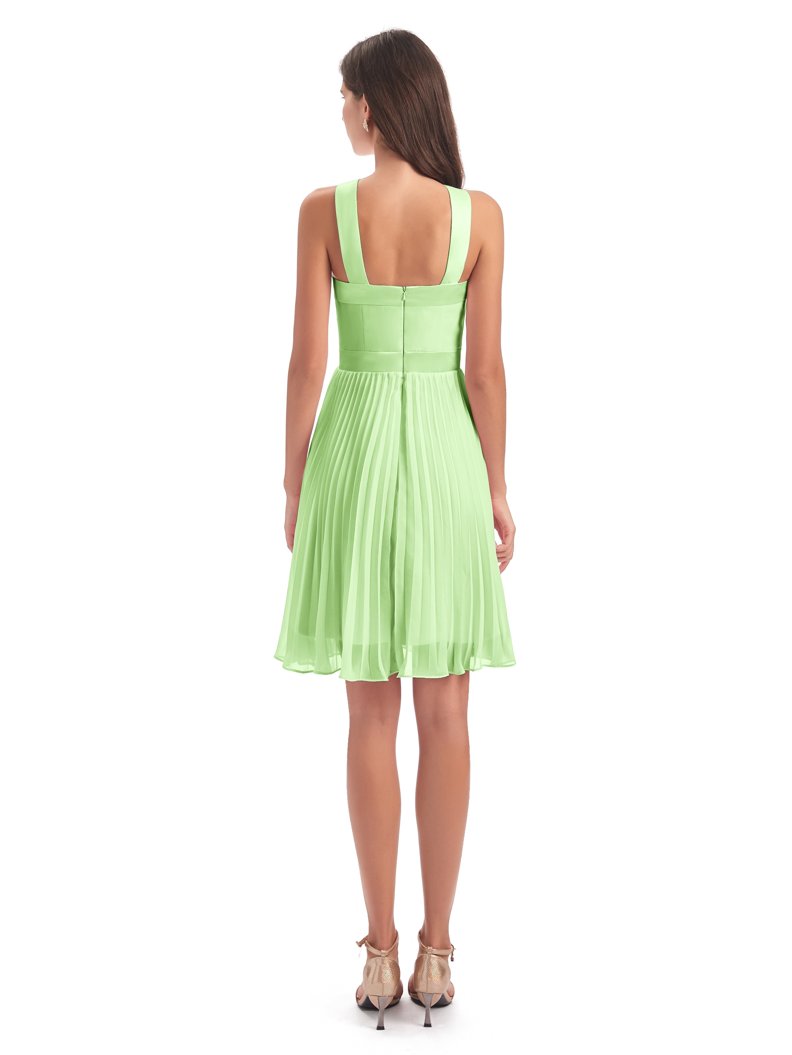 Robe Demoiselle D Honneur Sauge Longueur Genou Plis Bretelles Robes Demoiselle D'Honneur
