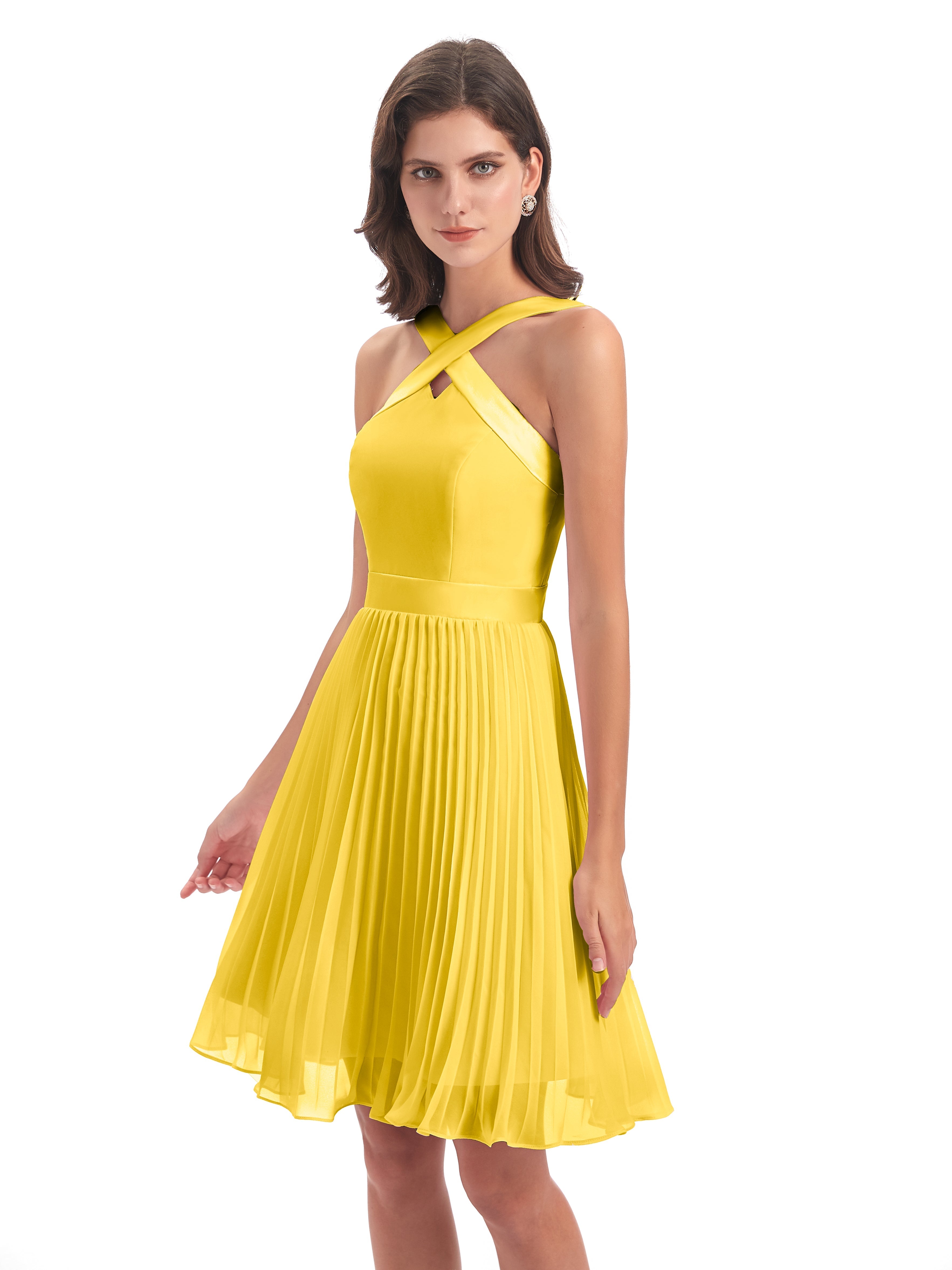 Robe De Demoiselle D'Honneur Souci Longueur Genou Plis Bretelles Robes Demoiselle D'Honneur