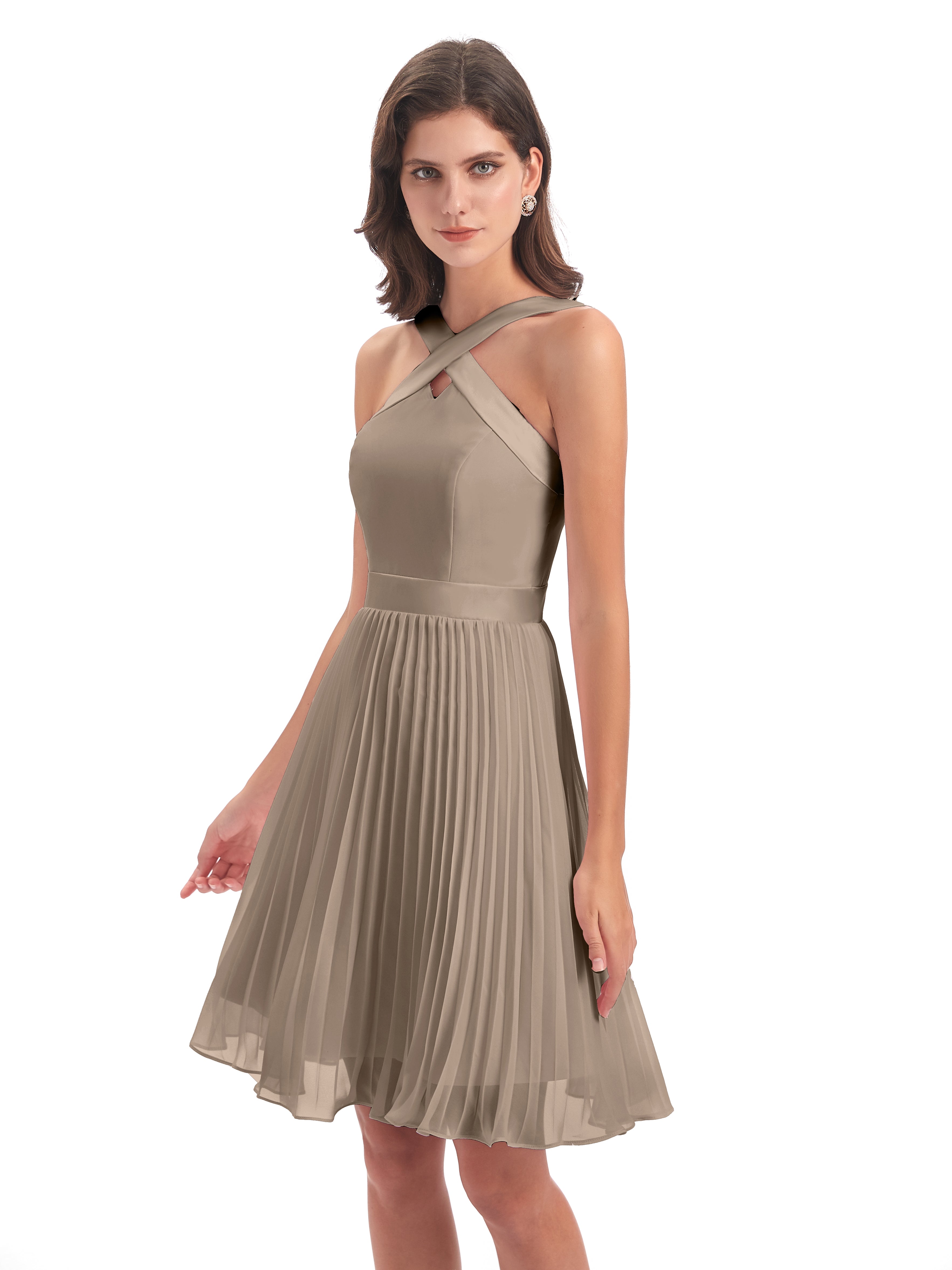 Couleur Taupe Robe Longueur Genou Plis Bretelles Robes Demoiselle D'Honneur