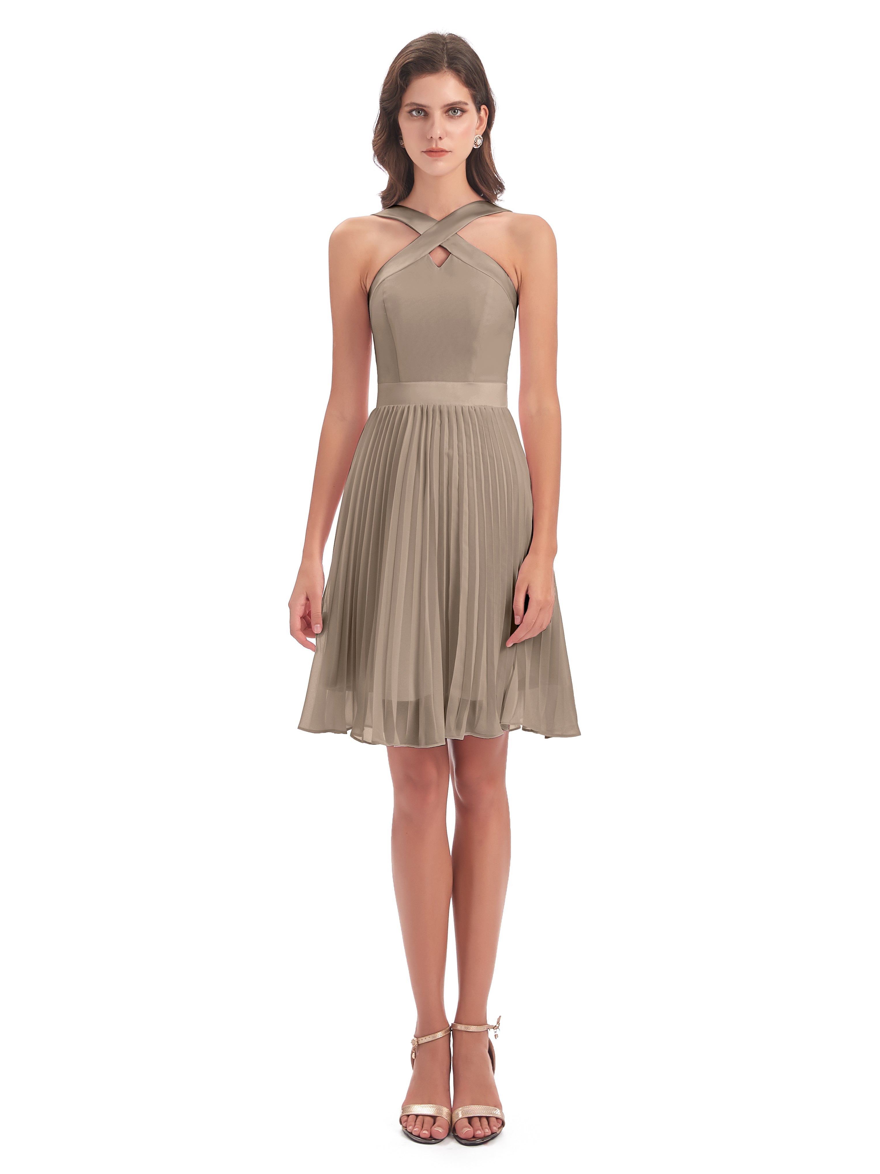 Couleur Taupe Robe Longueur Genou Plis Bretelles Robes Demoiselle D'Honneur