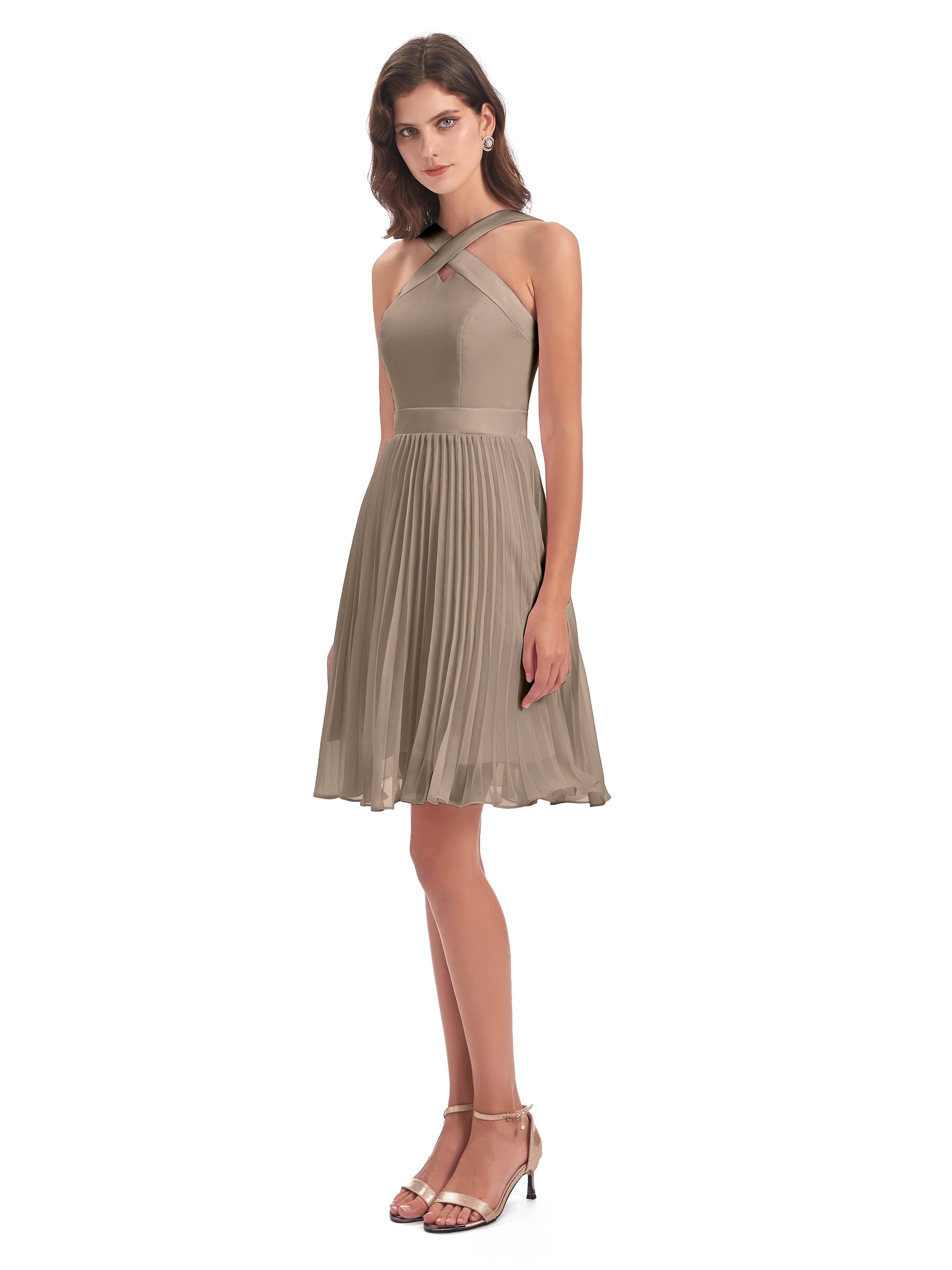 Couleur Taupe Robe Longueur Genou Plis Bretelles Robes Demoiselle D'Honneur