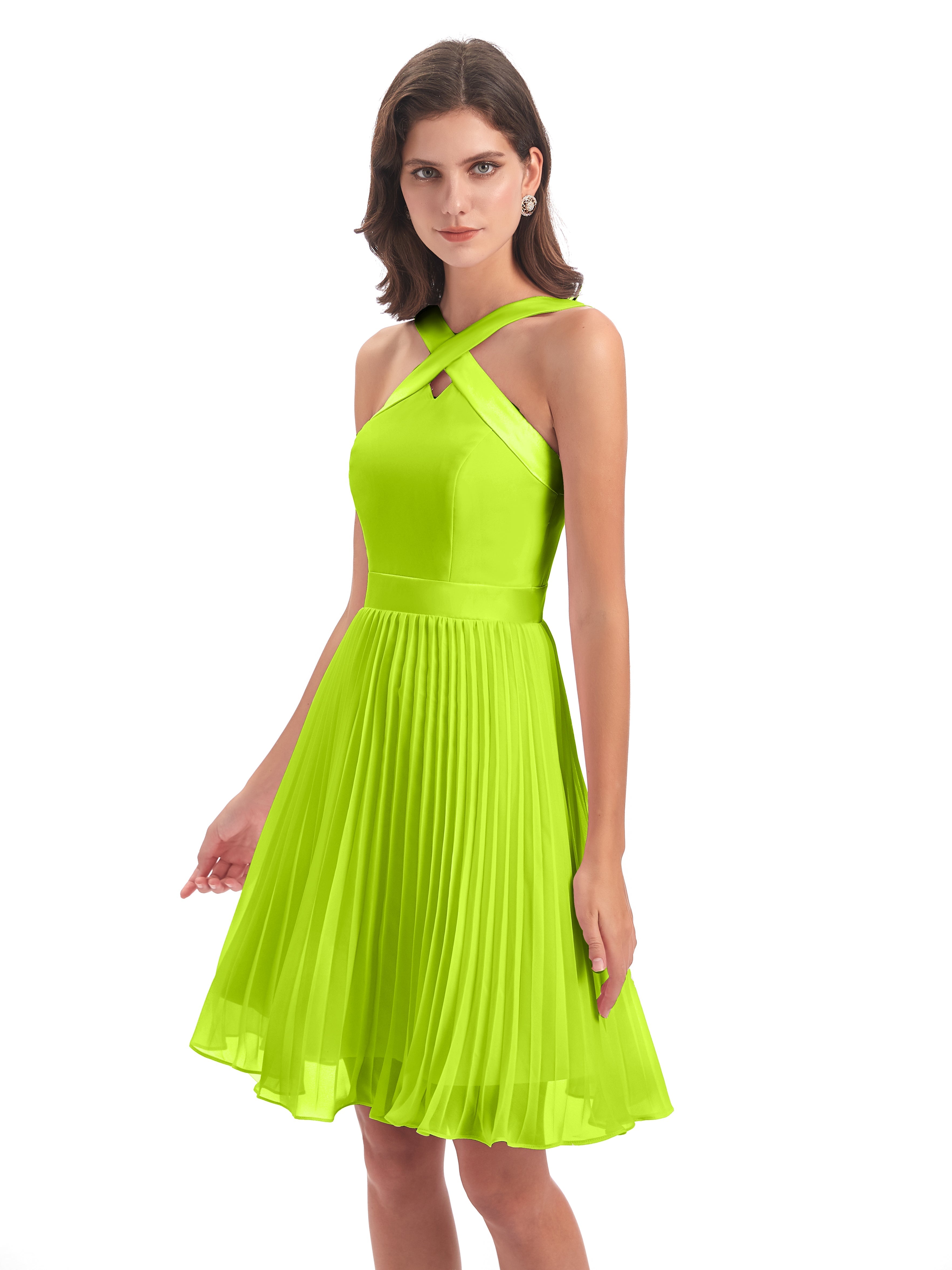 Robes De Demoiselle D'Honneur Vert Citron Longueur Genou Plis Bretelles Robes Demoiselle D'Honneur
