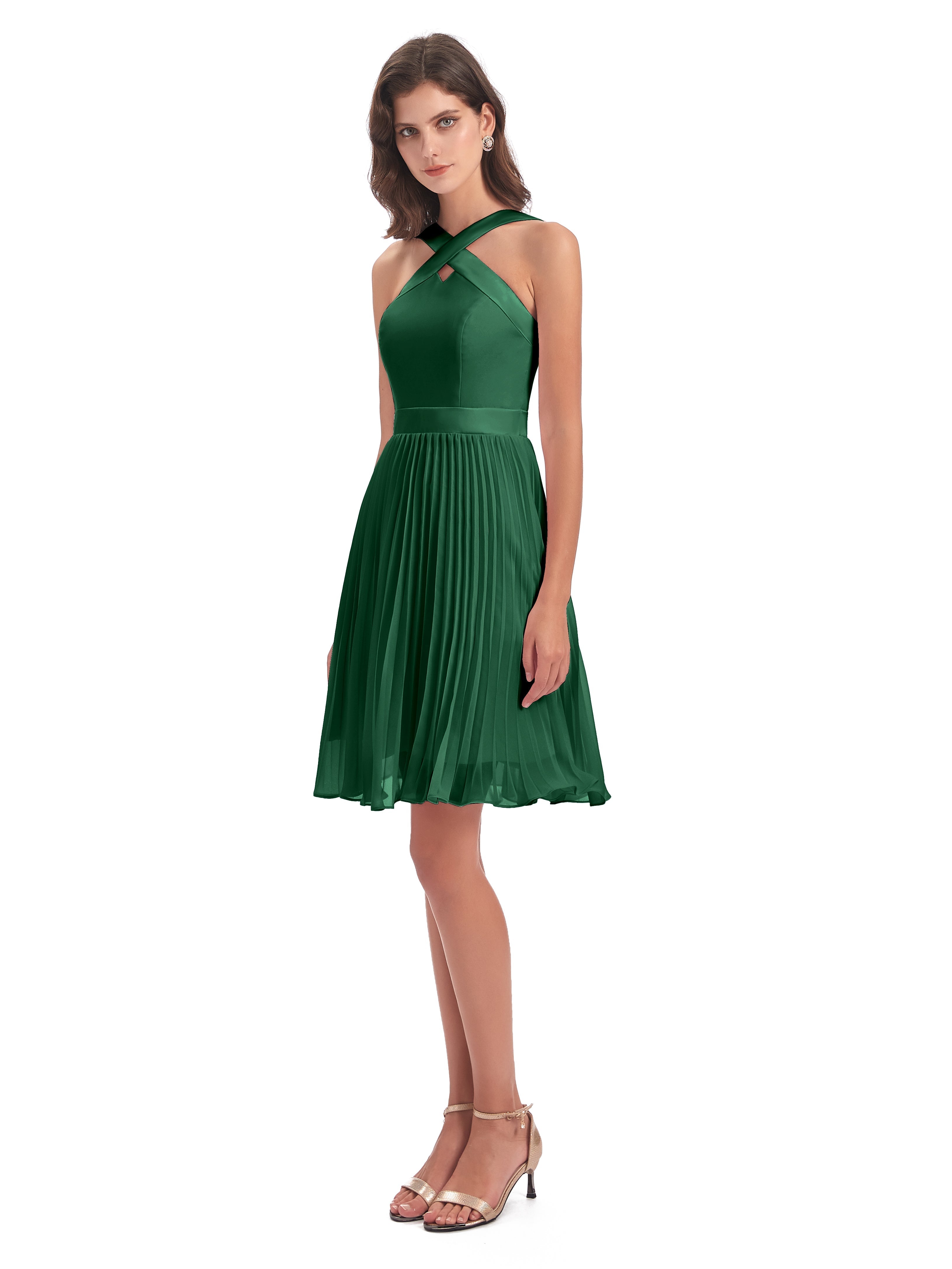 Robes De Demoiselle D'Honneur Vert Foncé Longueur Genou Plis Bretelles Robes Demoiselle D'Honneur