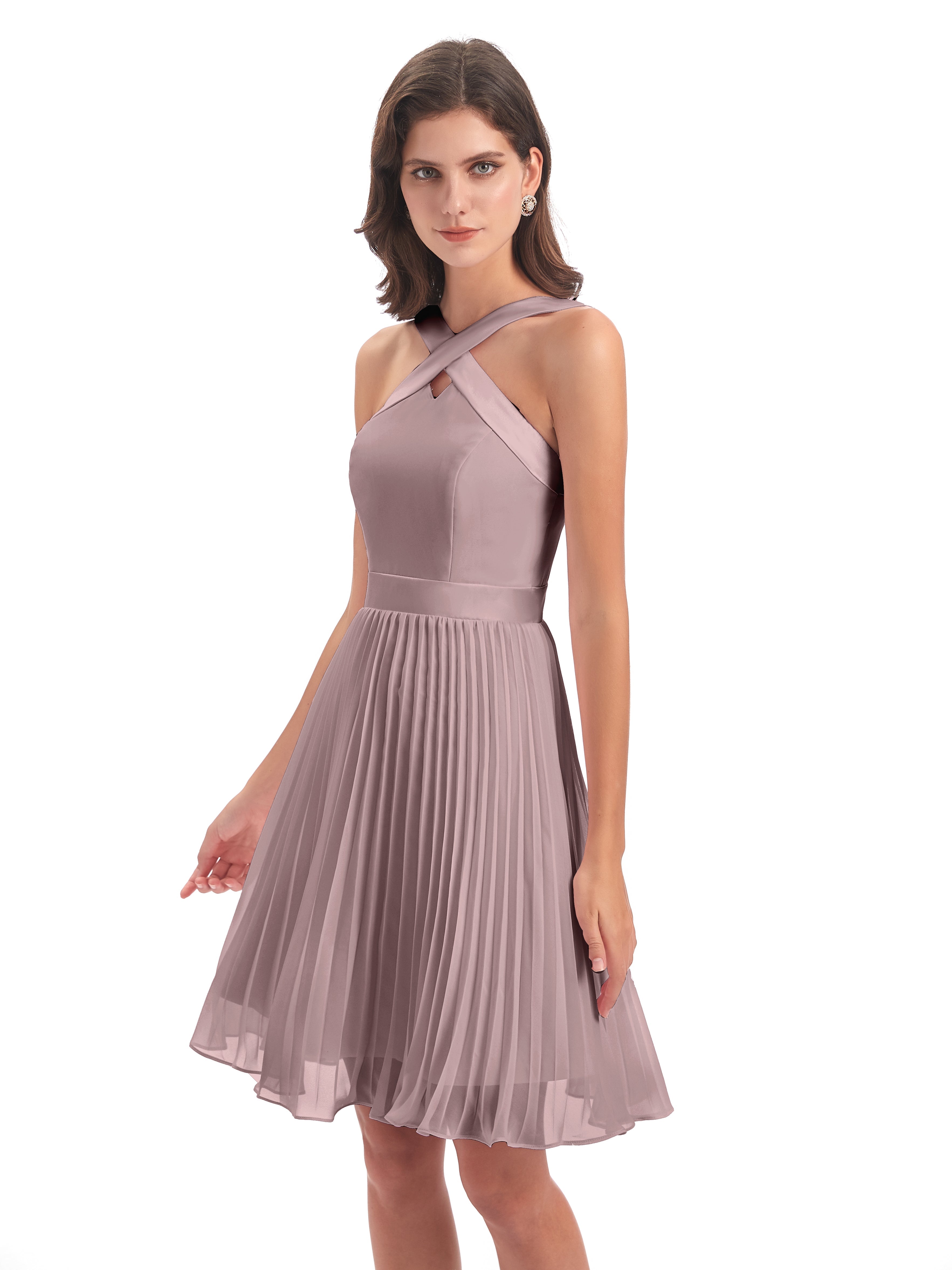Robes De Demoiselle D'Honneur Mauve Foncé Longueur Genou Plis Bretelles Robes Demoiselle D'Honneur