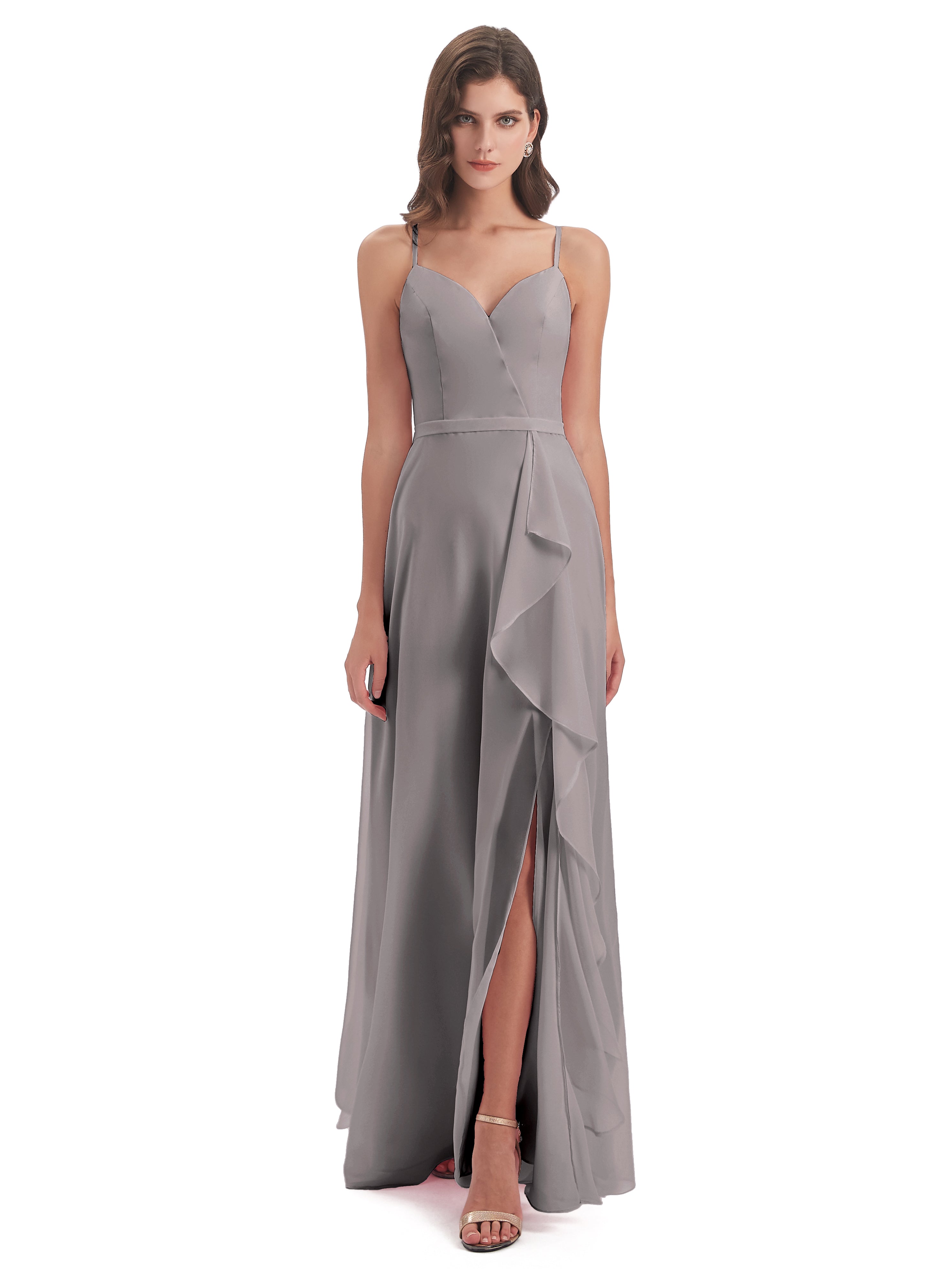 Robe Demoiselle D Honneur Argent Fendue Devant Robes Demoiselle D'Honneur À Volants