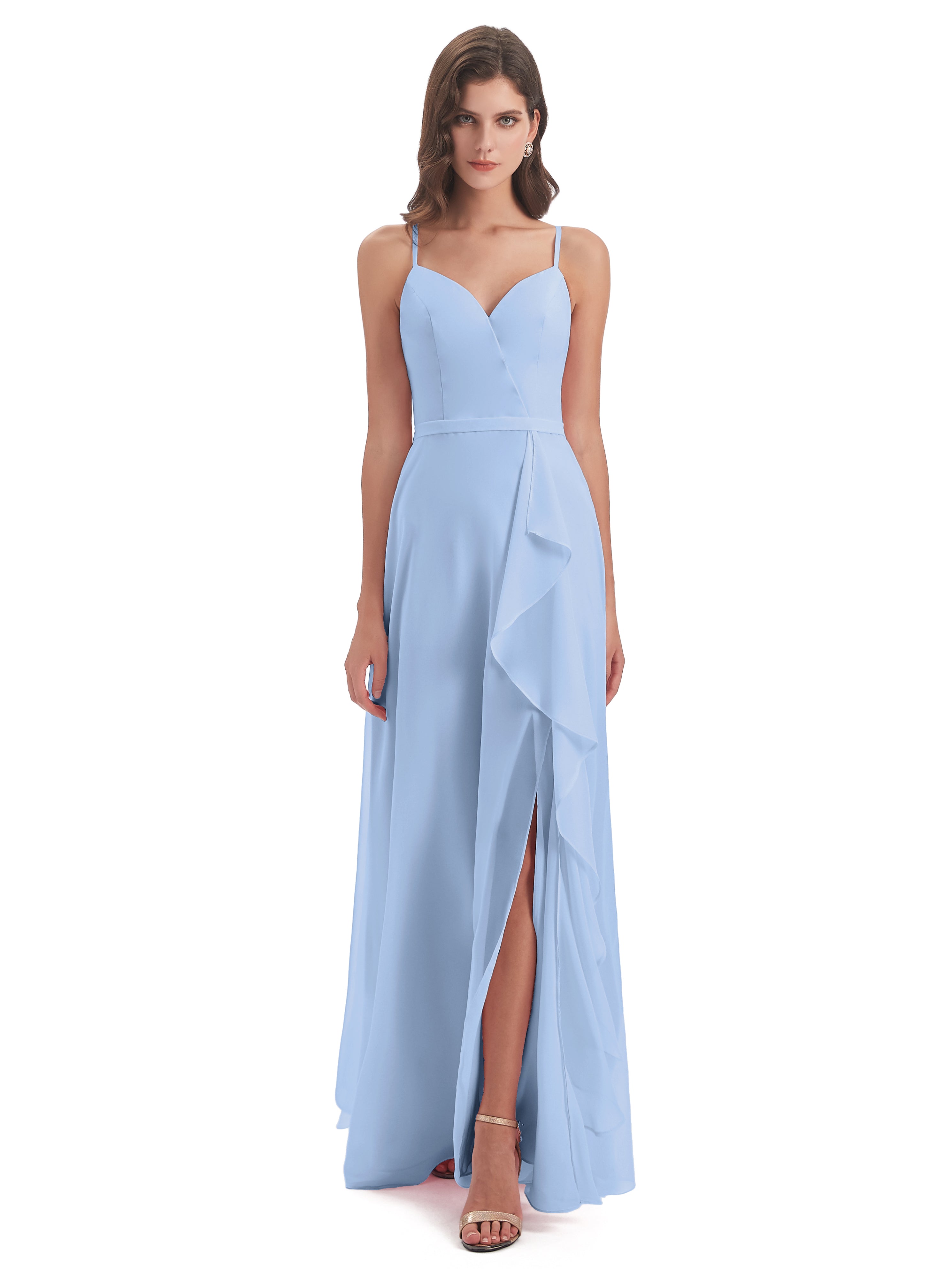 Robe Longue Bleu Ciel Demoiselle D Honneur Fendue Devant Robes Demoiselle D'Honneur À Volants