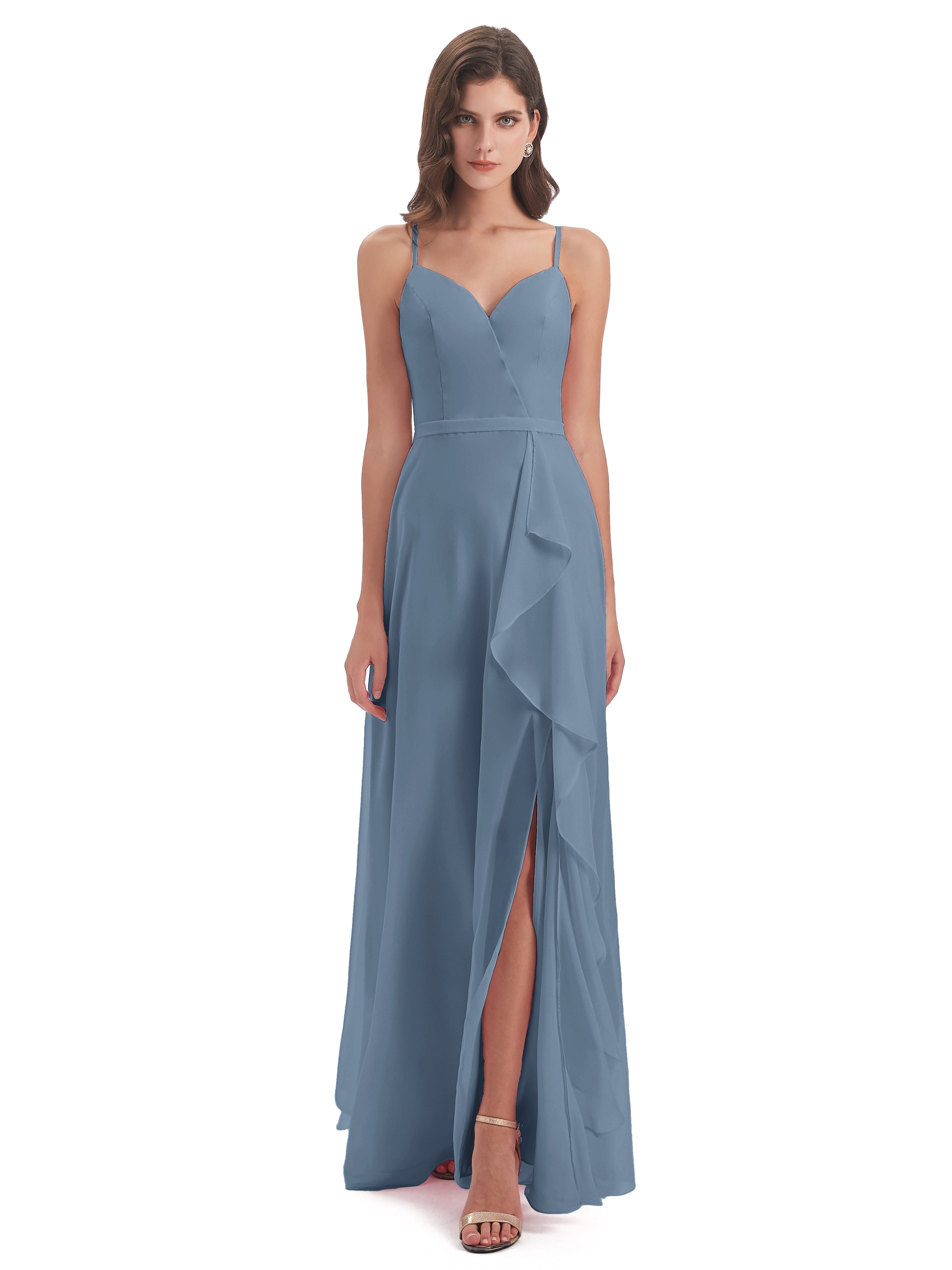 Robes De Demoiselle D'Honneur Bleu De Schiste Fendue Devant Robes Demoiselle D'Honneur À Volants