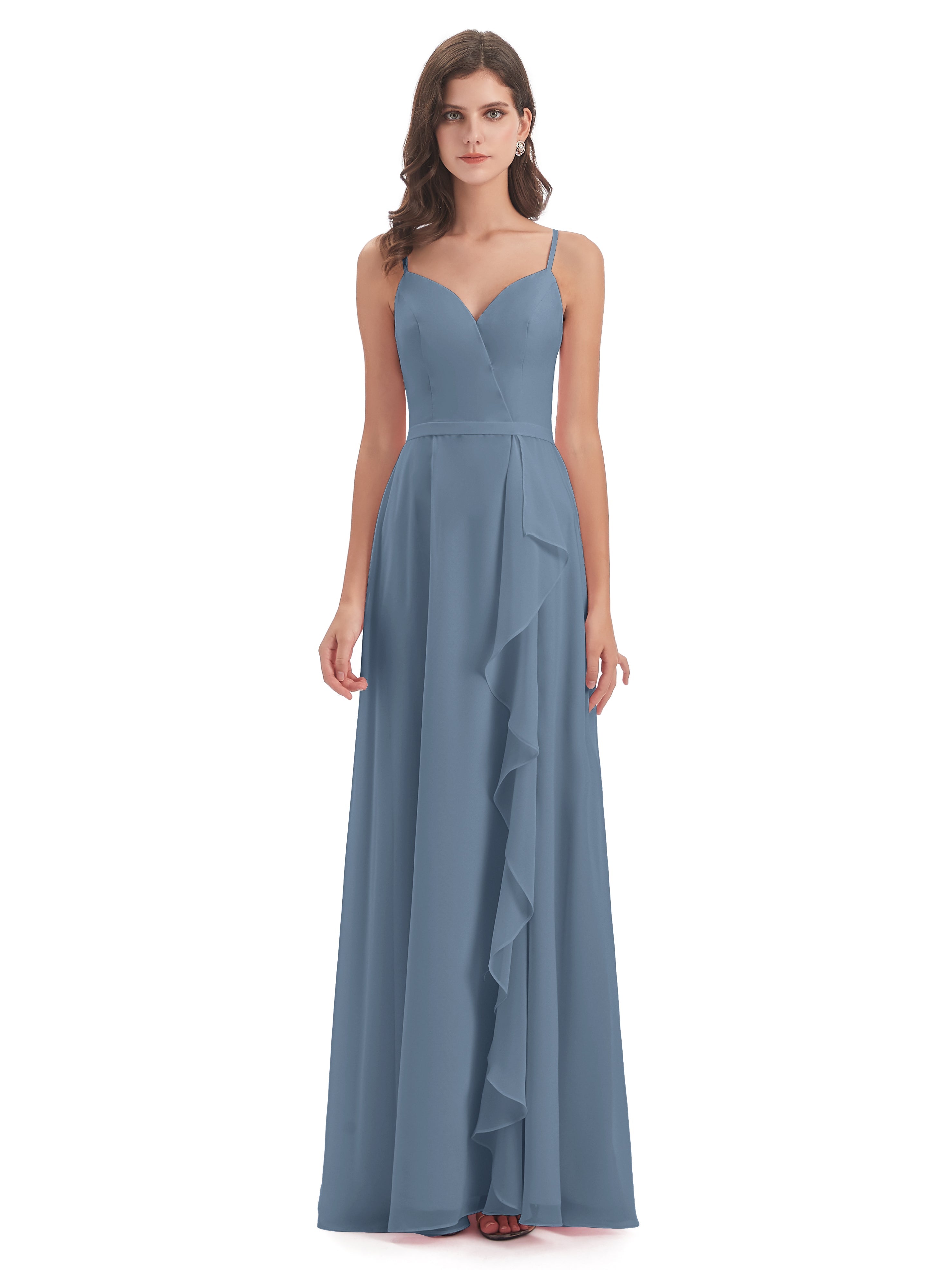 Robes De Demoiselle D'Honneur Bleu De Schiste Fendue Devant Robes Demoiselle D'Honneur À Volants