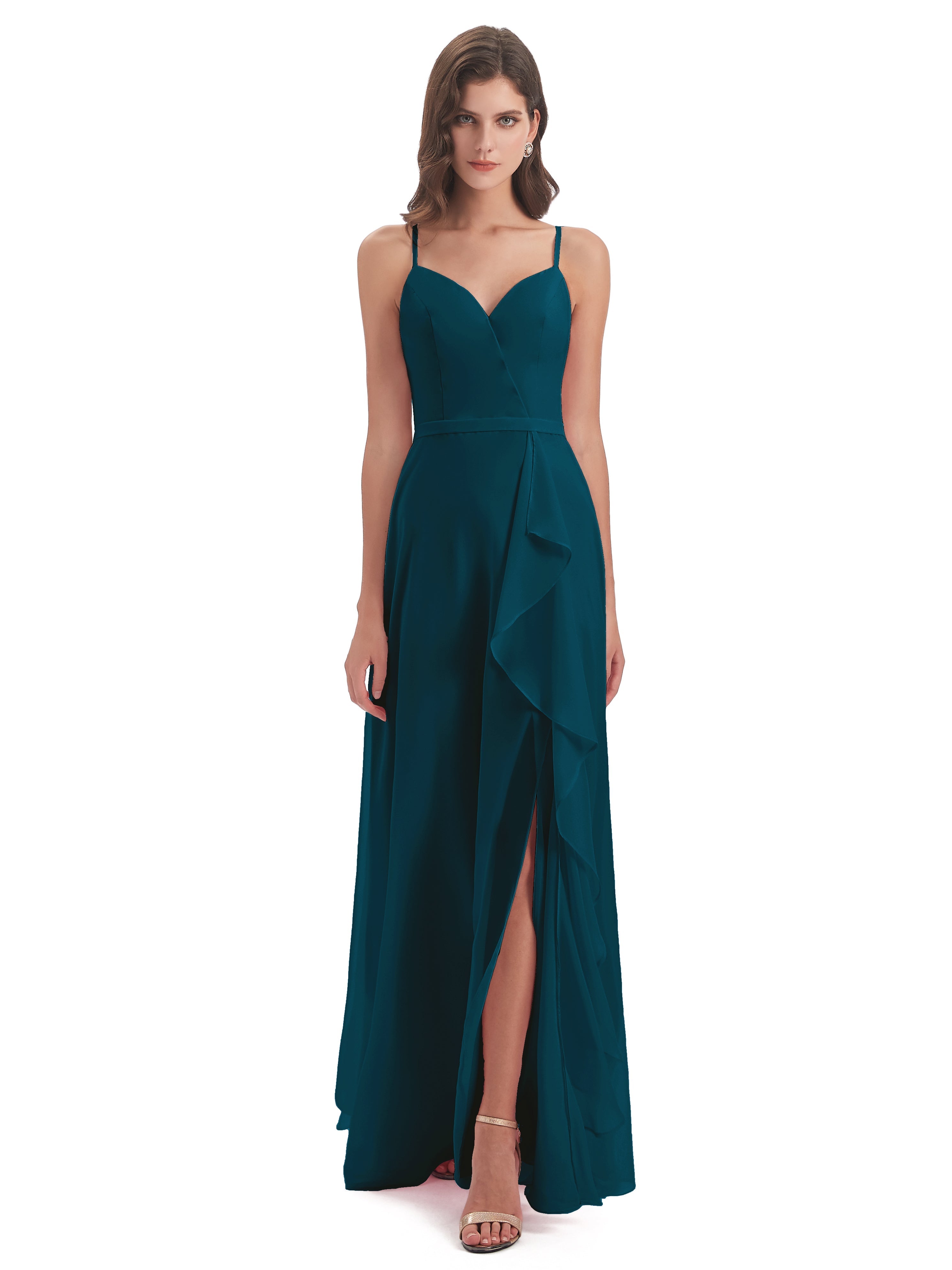 Robe De Demoiselle D'Honneur Bleu Encre Fendue Devant Robes Demoiselle D'Honneur À Volants