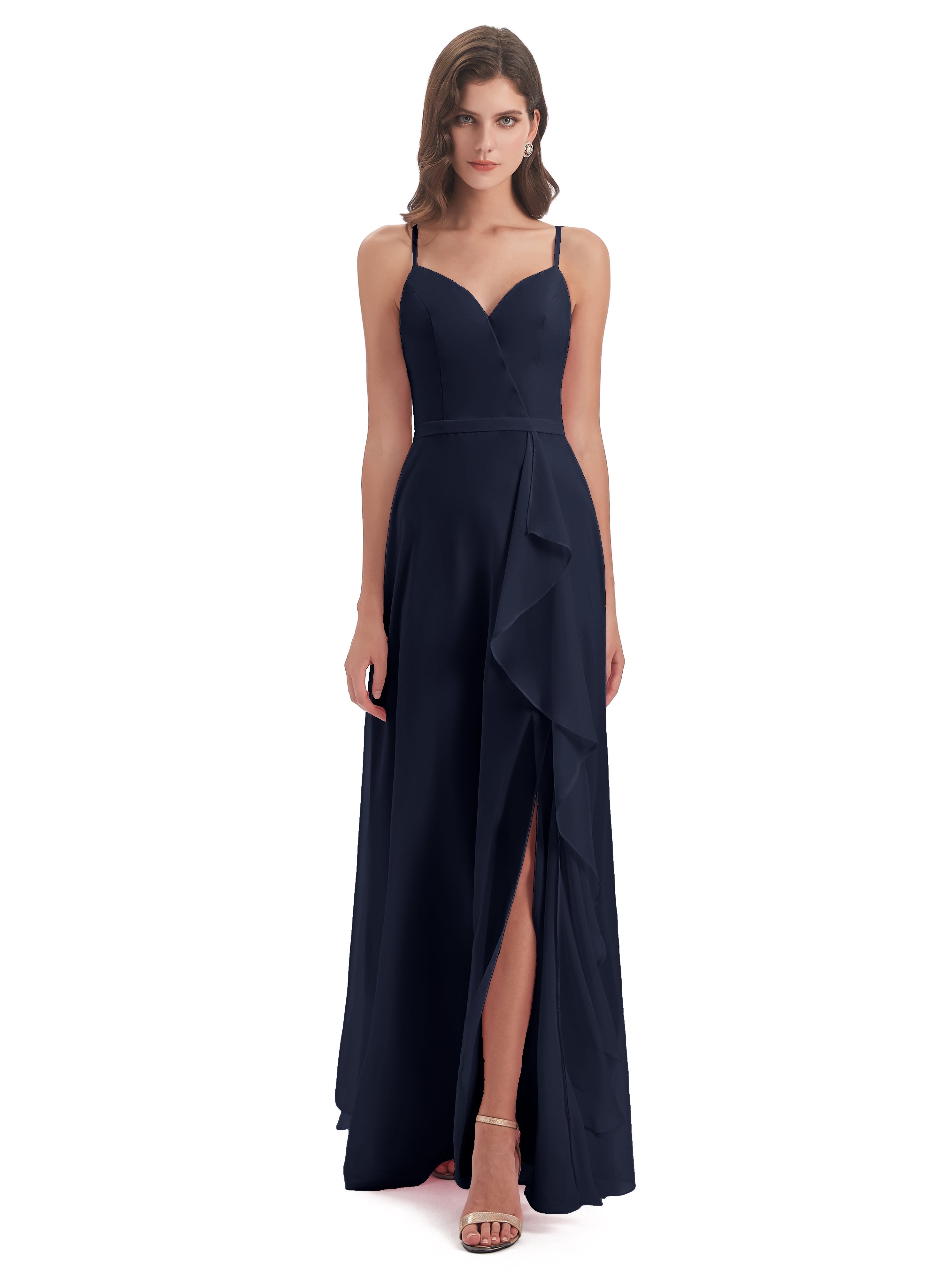 Robes De Demoiselle D'Honneur Bleu Marine Fendue Devant Robes Demoiselle D'Honneur À Volants
