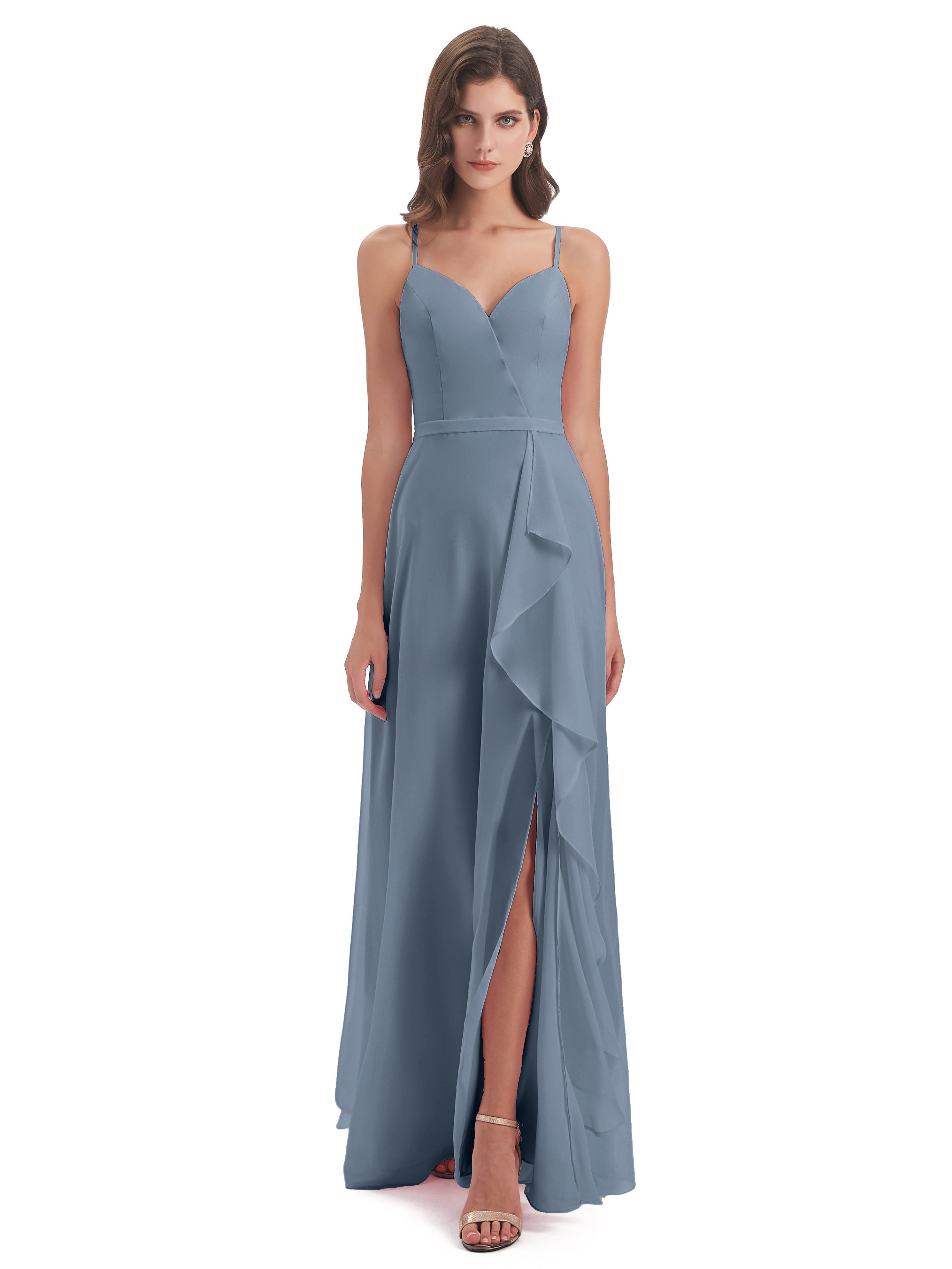 Robes De Demoiselle D'Honneur Bleu Poussiéreux Fendue Devant Robes Demoiselle D'Honneur À Volants