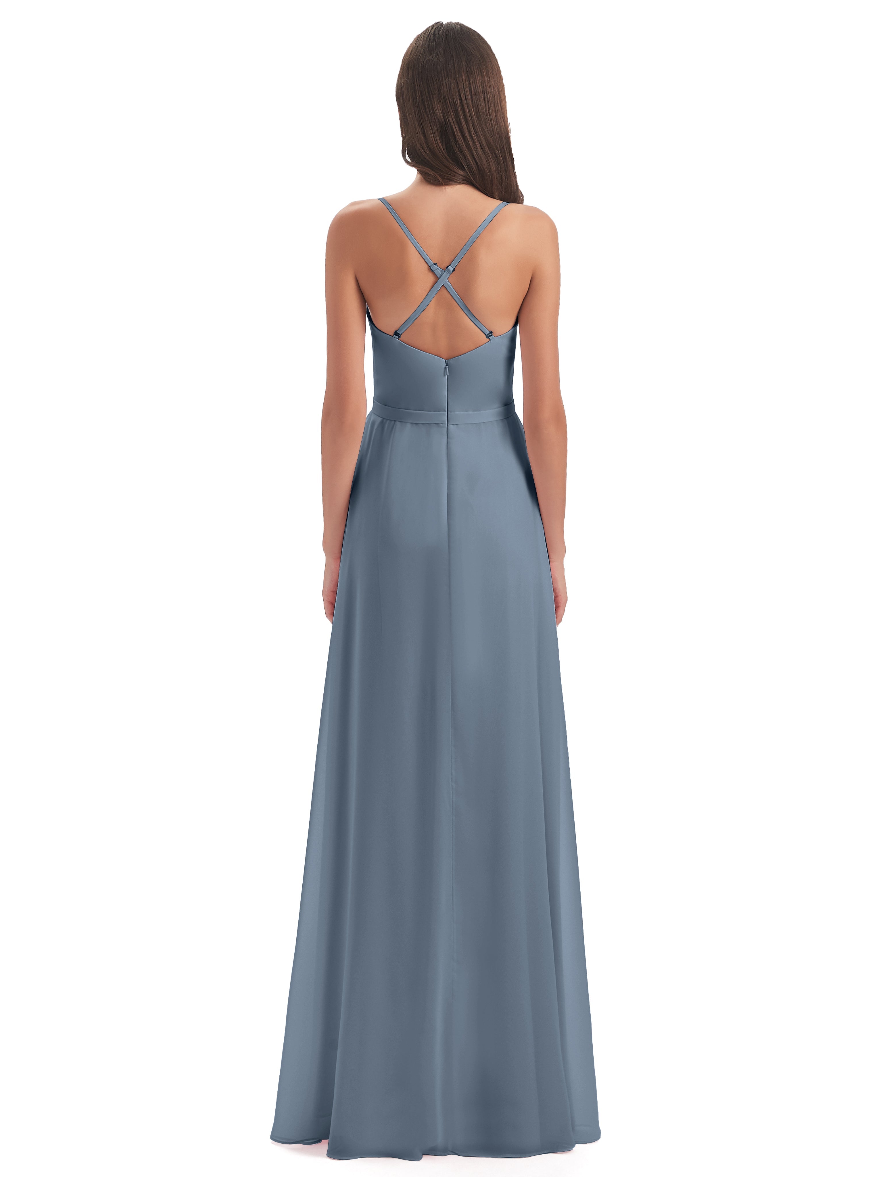 Robes De Demoiselle D'Honneur Bleu Poussiéreux Fendue Devant Robes Demoiselle D'Honneur À Volants