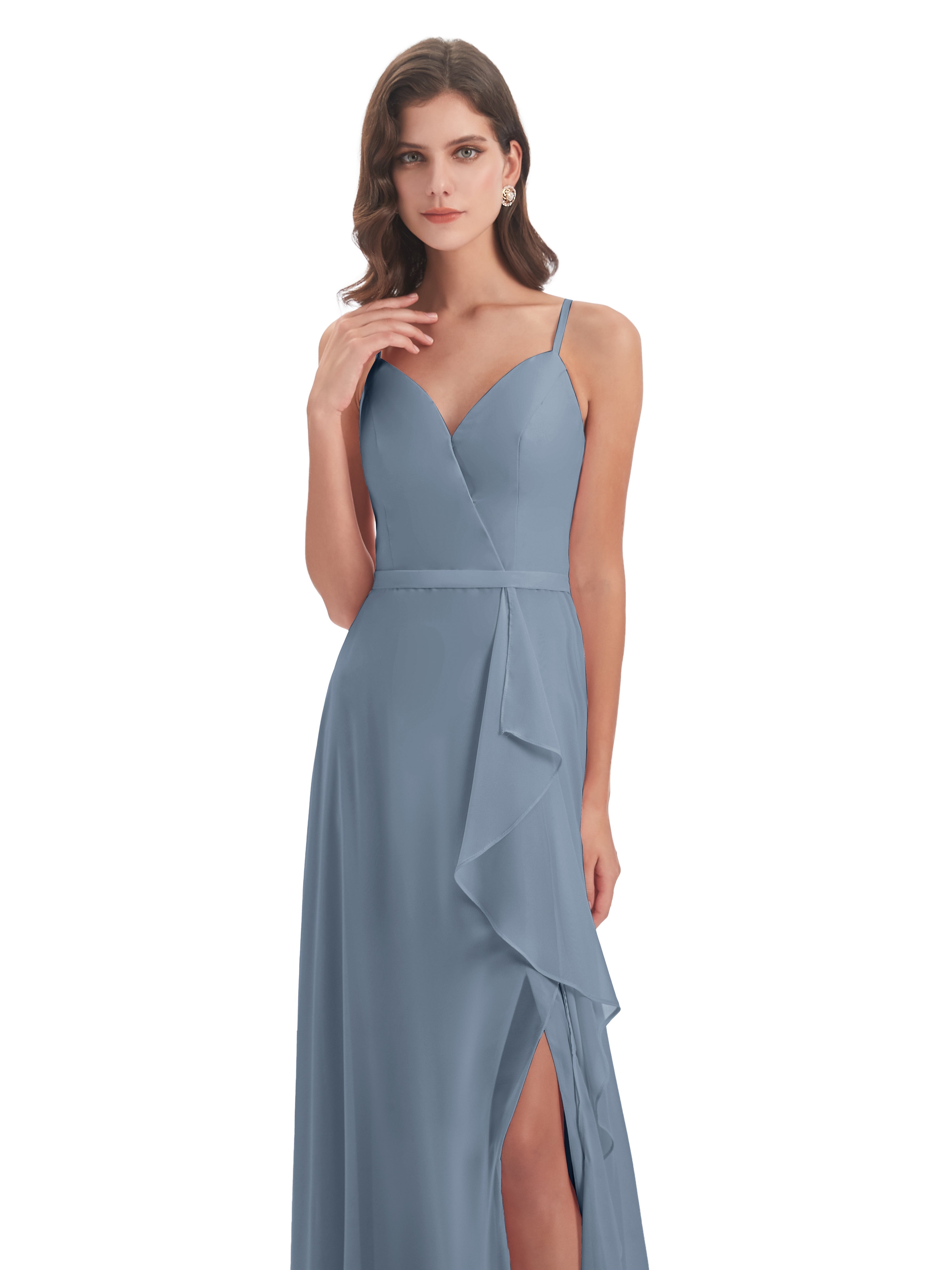 Robes De Demoiselle D'Honneur Bleu Poussiéreux Fendue Devant Robes Demoiselle D'Honneur À Volants