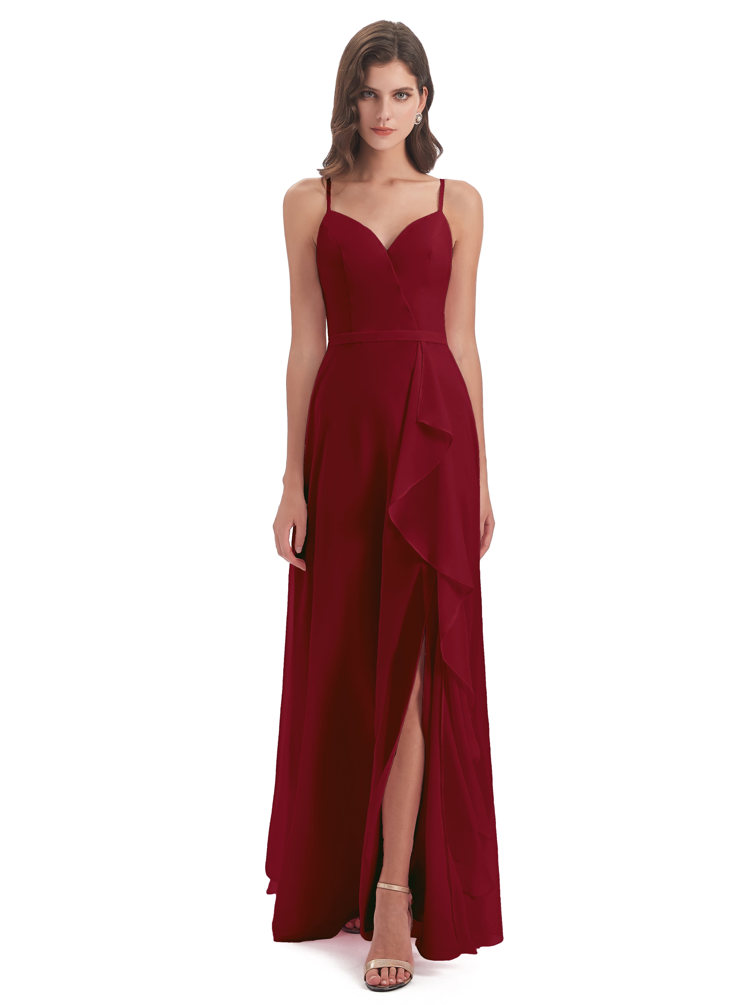 Robes De Demoiselle D'Honneur Rouge Bordeaux Fendue Devant Robes Demoiselle D'Honneur À Volants