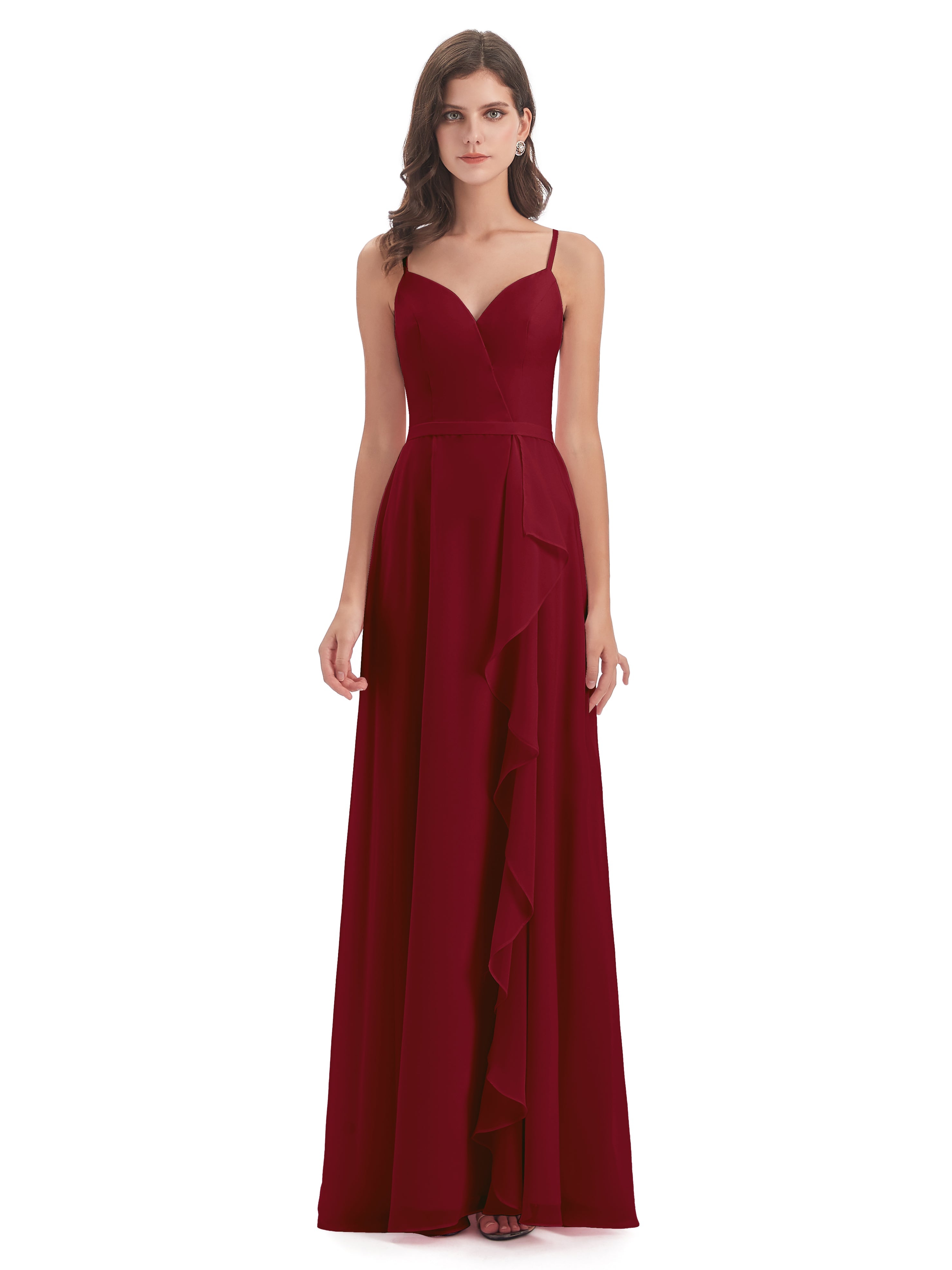 Robes De Demoiselle D'Honneur Rouge Bordeaux Fendue Devant Robes Demoiselle D'Honneur À Volants