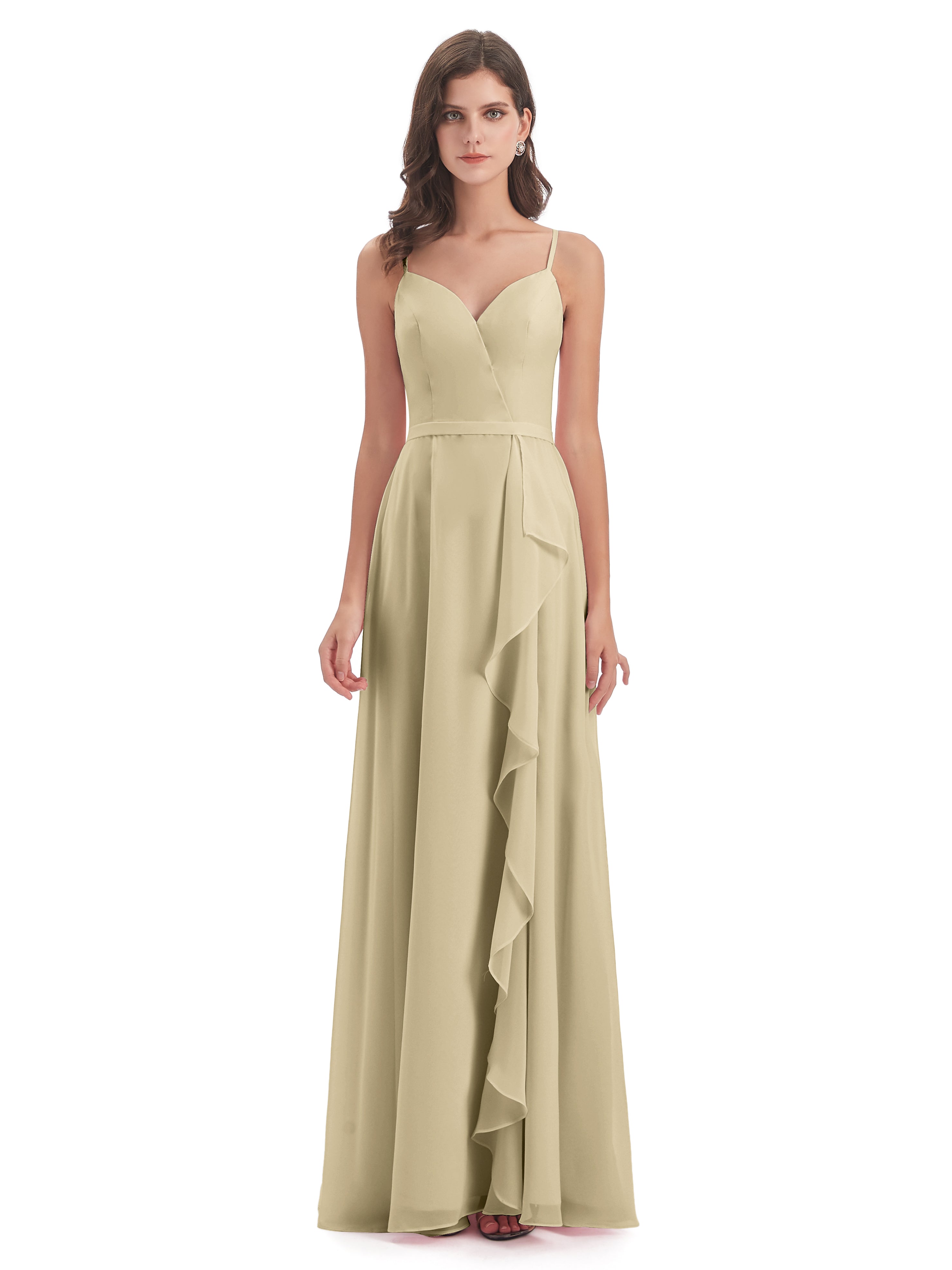 Robe De Demoiselle D'Honneur Champagne Fendue Devant Robes Demoiselle D'Honneur À Volants