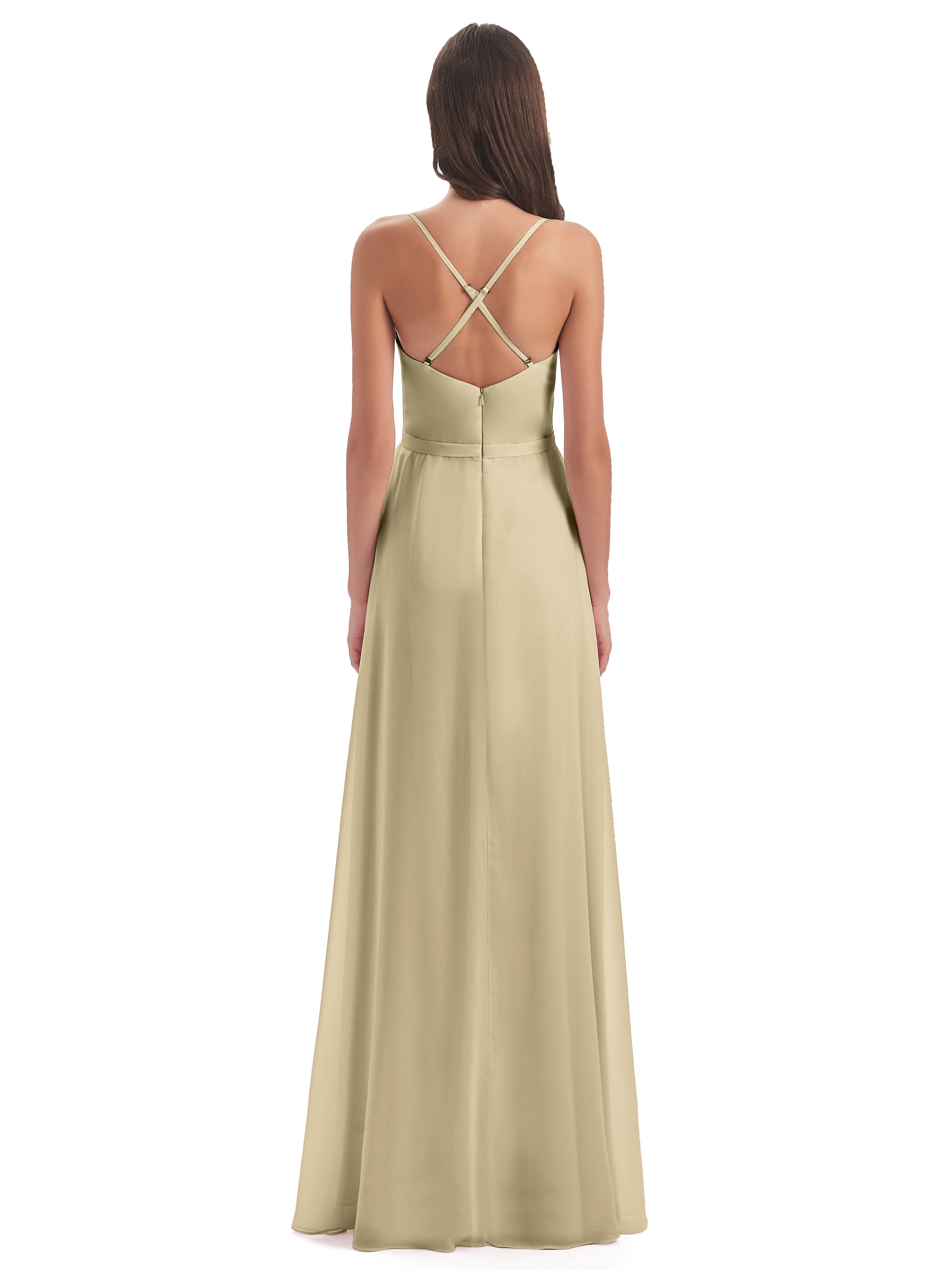 Robe De Demoiselle D'Honneur Champagne Fendue Devant Robes Demoiselle D'Honneur À Volants