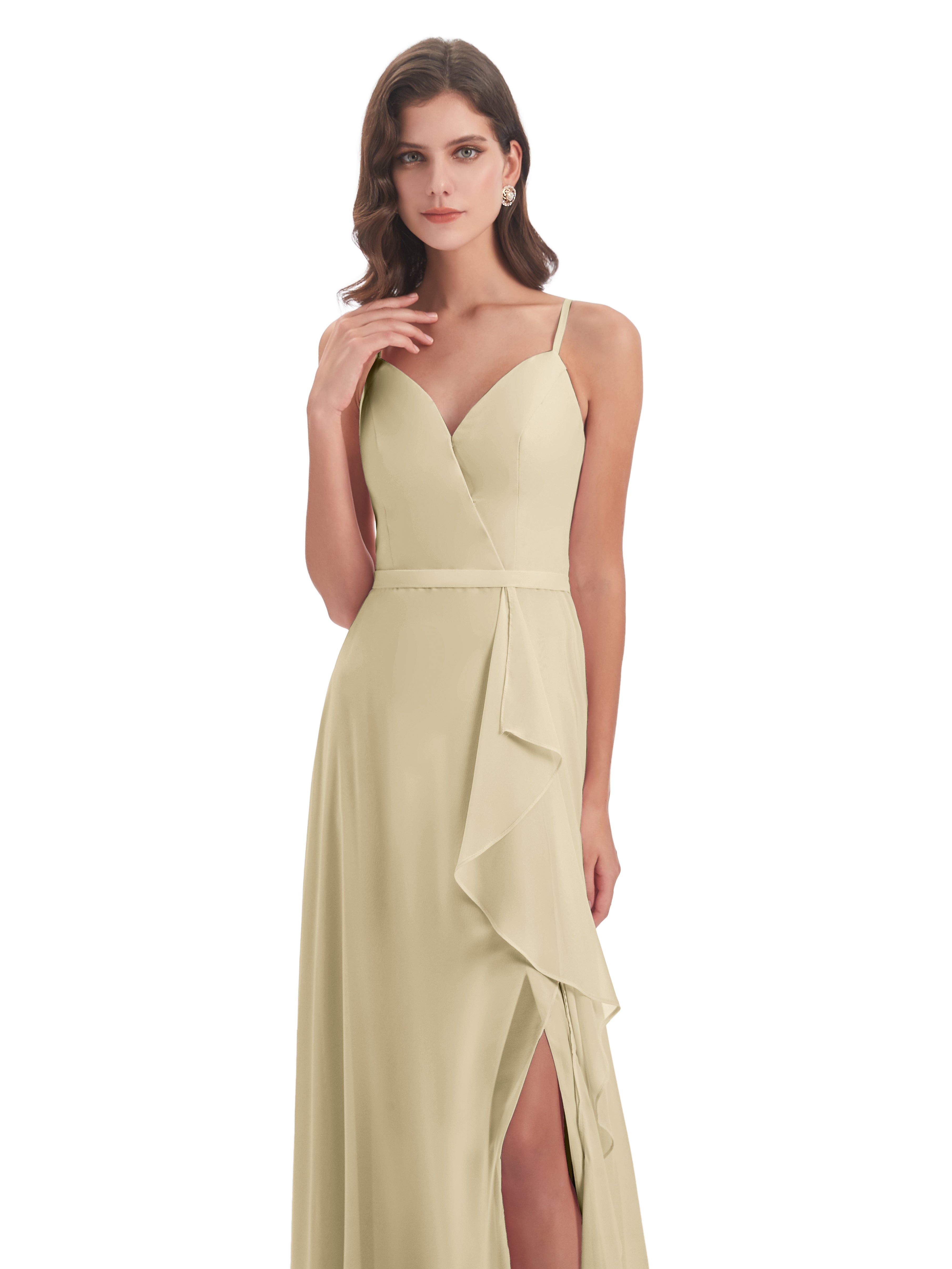Robe De Demoiselle D'Honneur Champagne Fendue Devant Robes Demoiselle D'Honneur À Volants