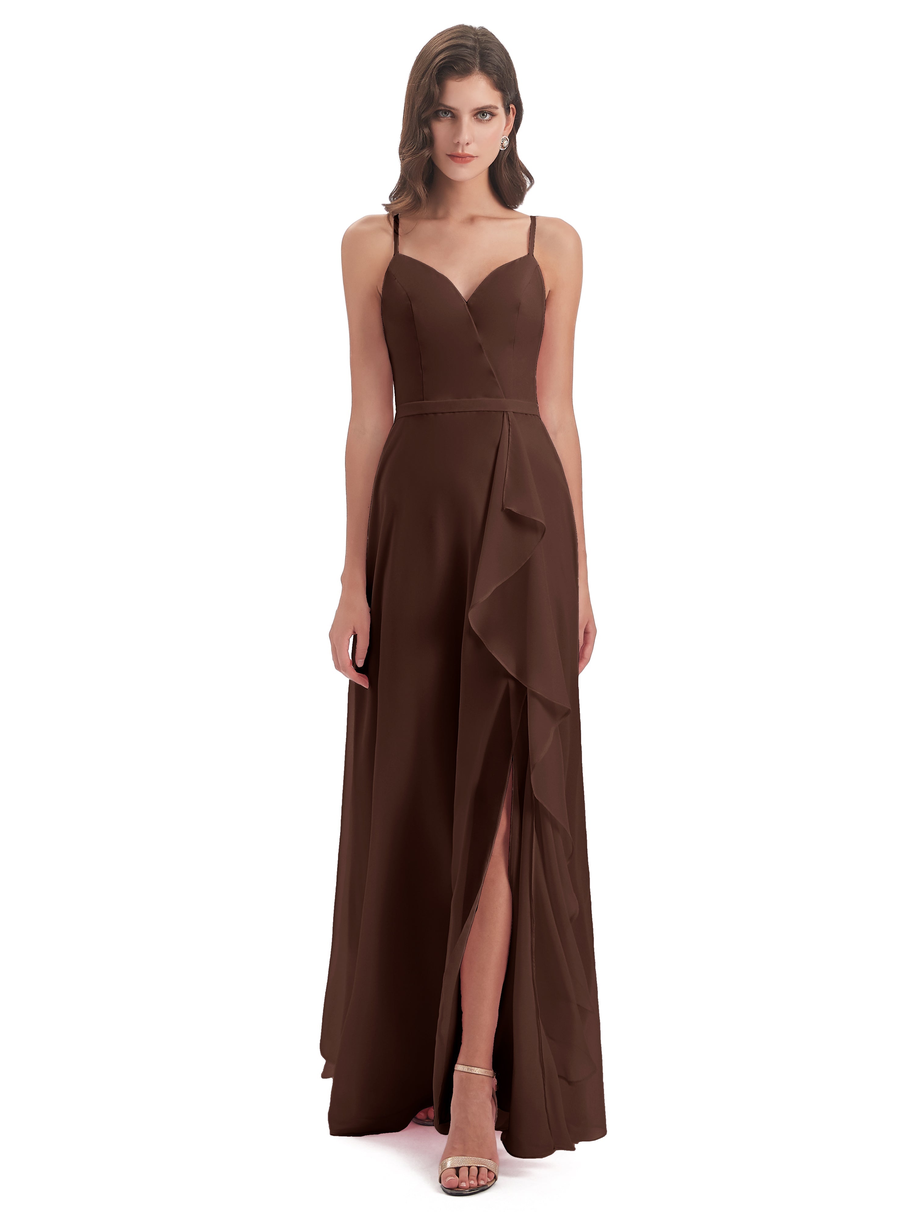 Robe Demoiselle D Honneur Marron Chocolat Fendue Devant Robes Demoiselle D'Honneur À Volants