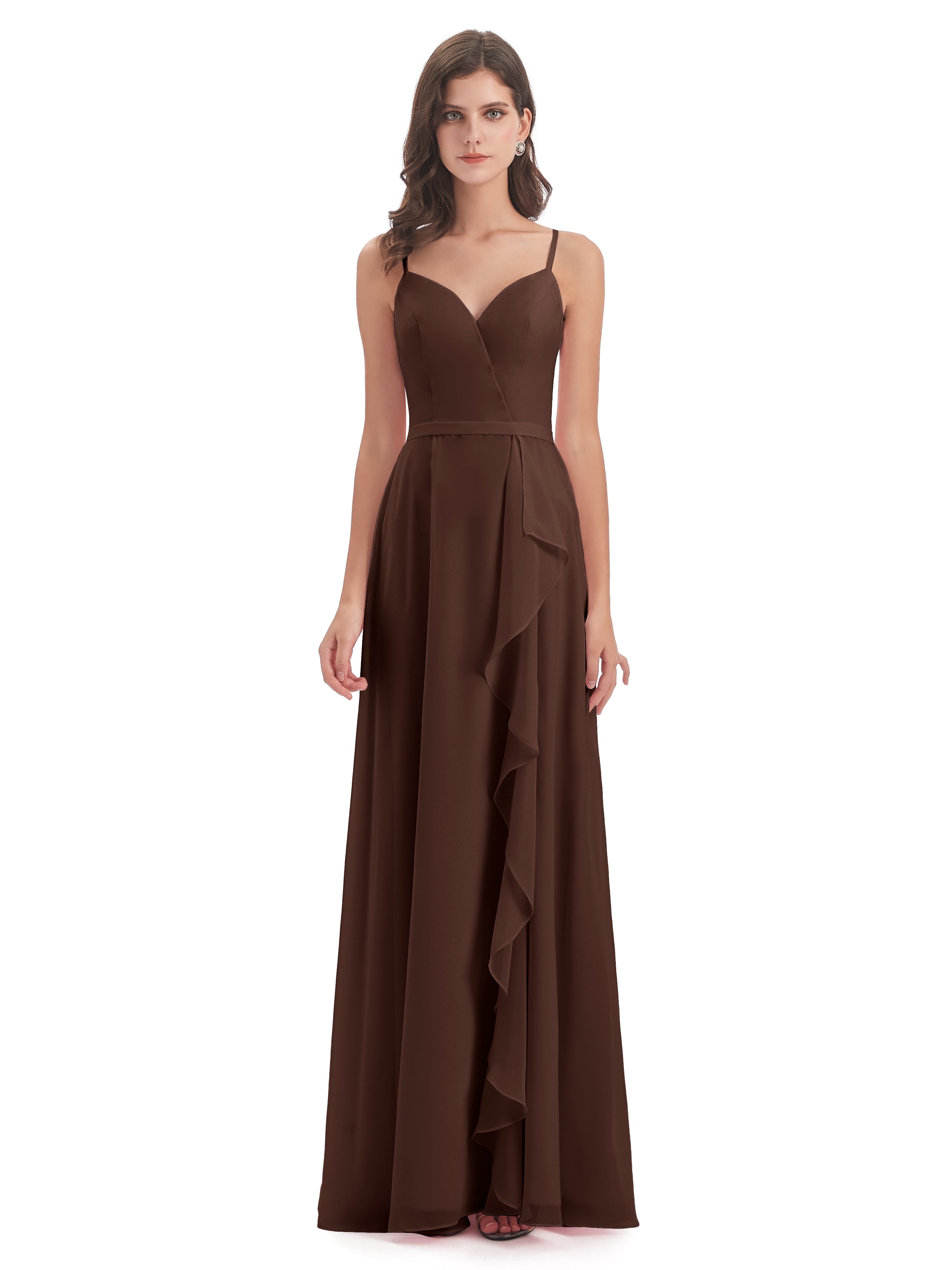 Robe Demoiselle D Honneur Marron Chocolat Fendue Devant Robes Demoiselle D'Honneur À Volants