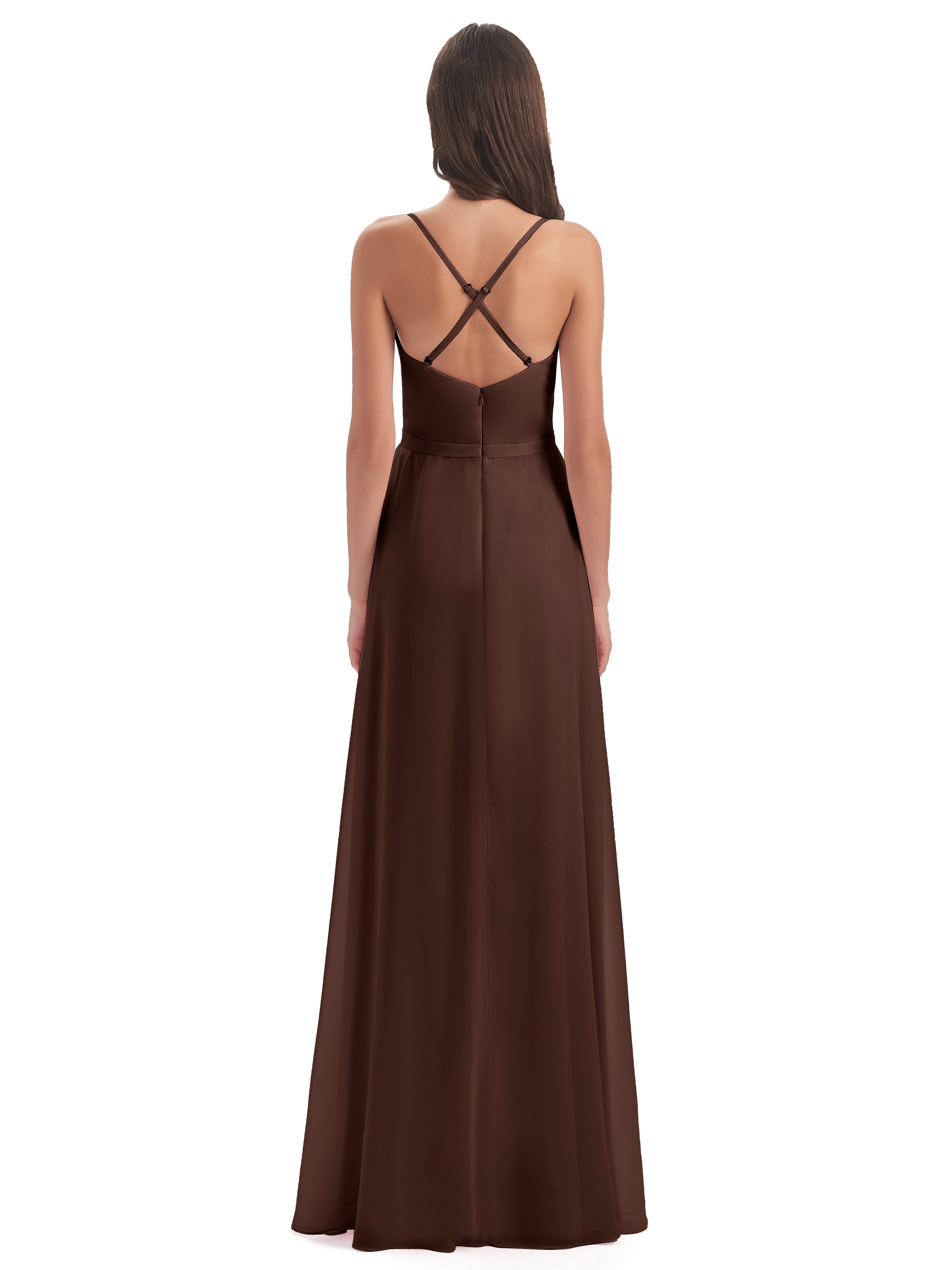Robe Demoiselle D Honneur Marron Chocolat Fendue Devant Robes Demoiselle D'Honneur À Volants