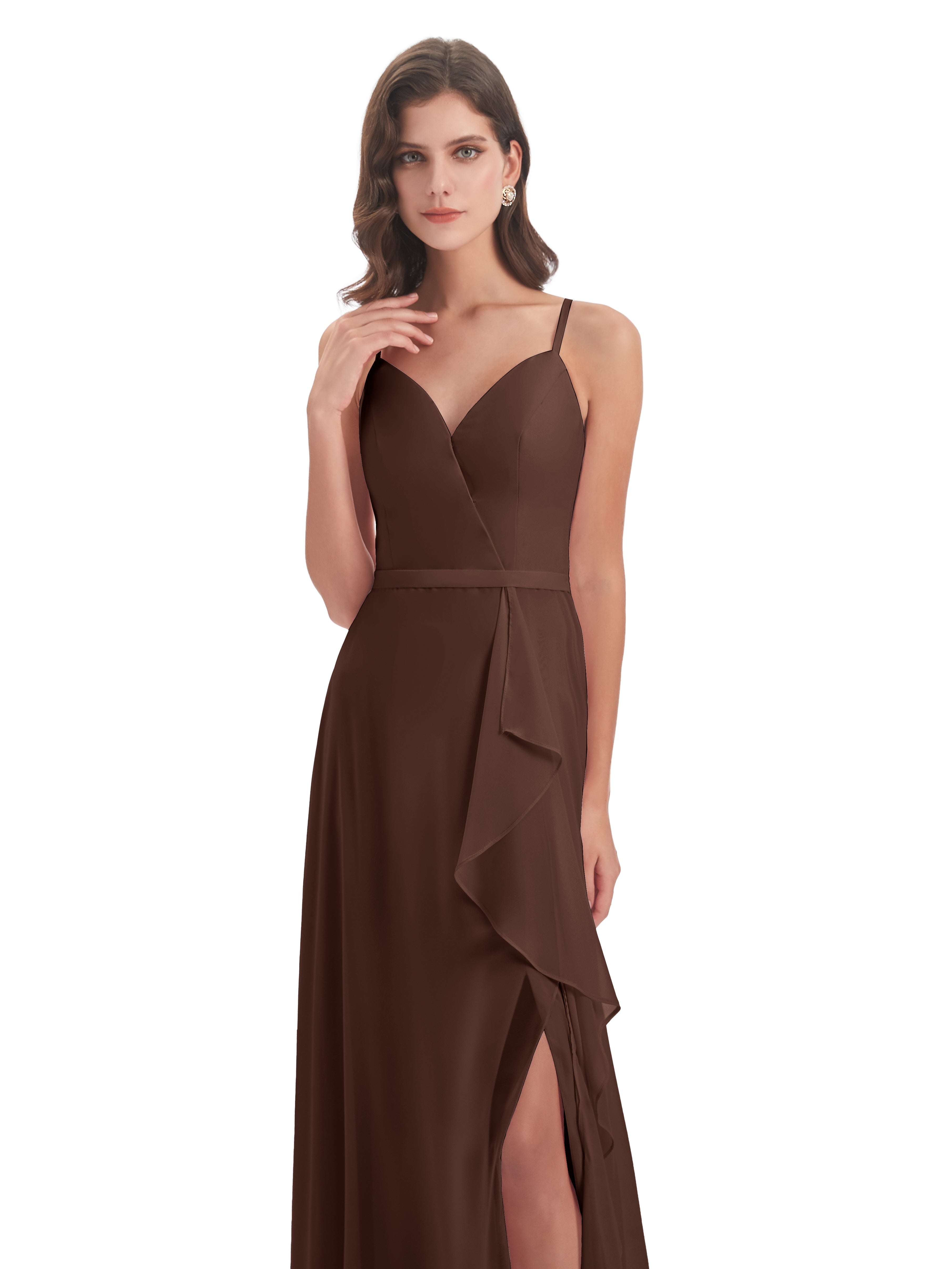 Robe Demoiselle D Honneur Marron Chocolat Fendue Devant Robes Demoiselle D'Honneur À Volants