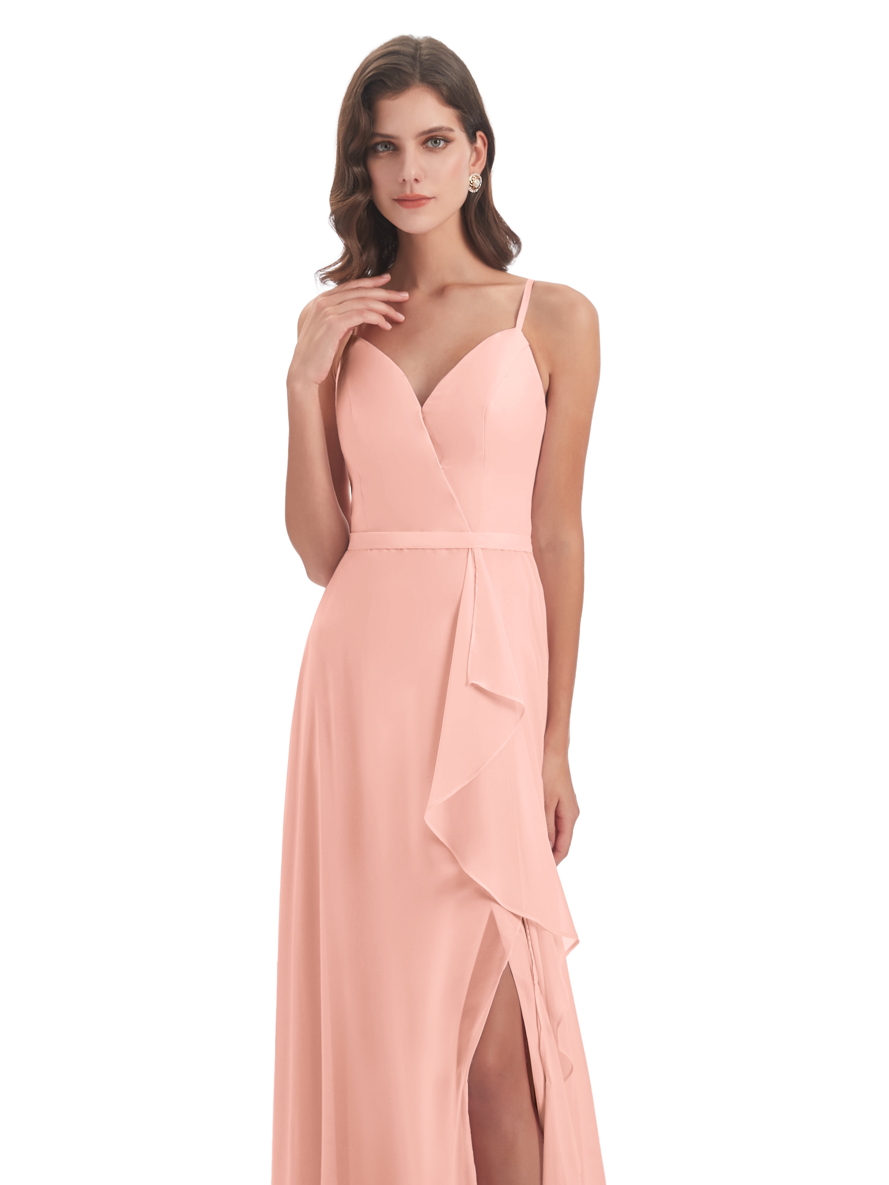 Robes De Demoiselle D'Honneur Corail Longues Fendue Devant Robes Demoiselle D'Honneur À Volants