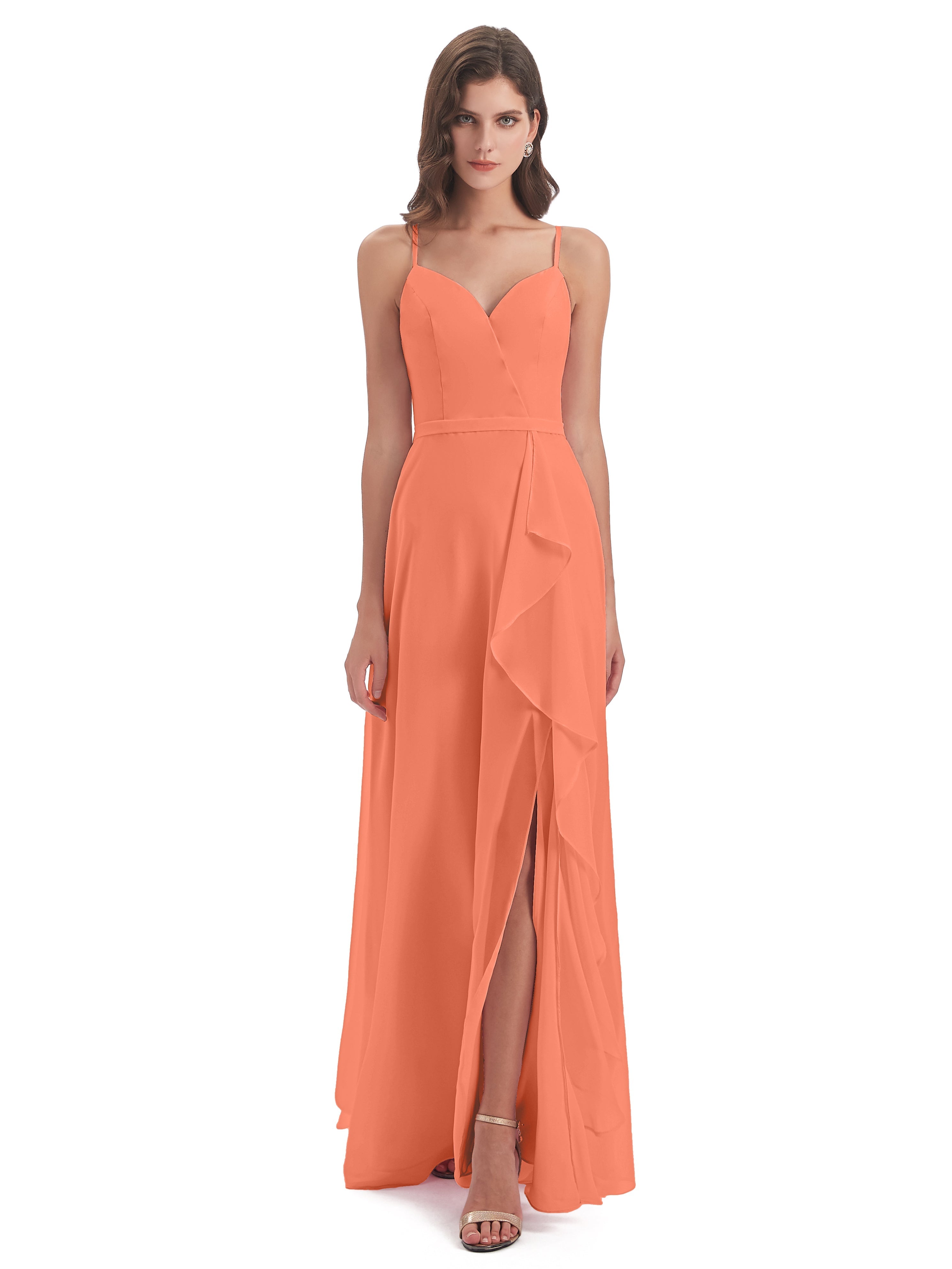 Robes De Demoiselle D'Honneur Coucher De Soleil Fendue Devant Robes Demoiselle D'Honneur À Volants