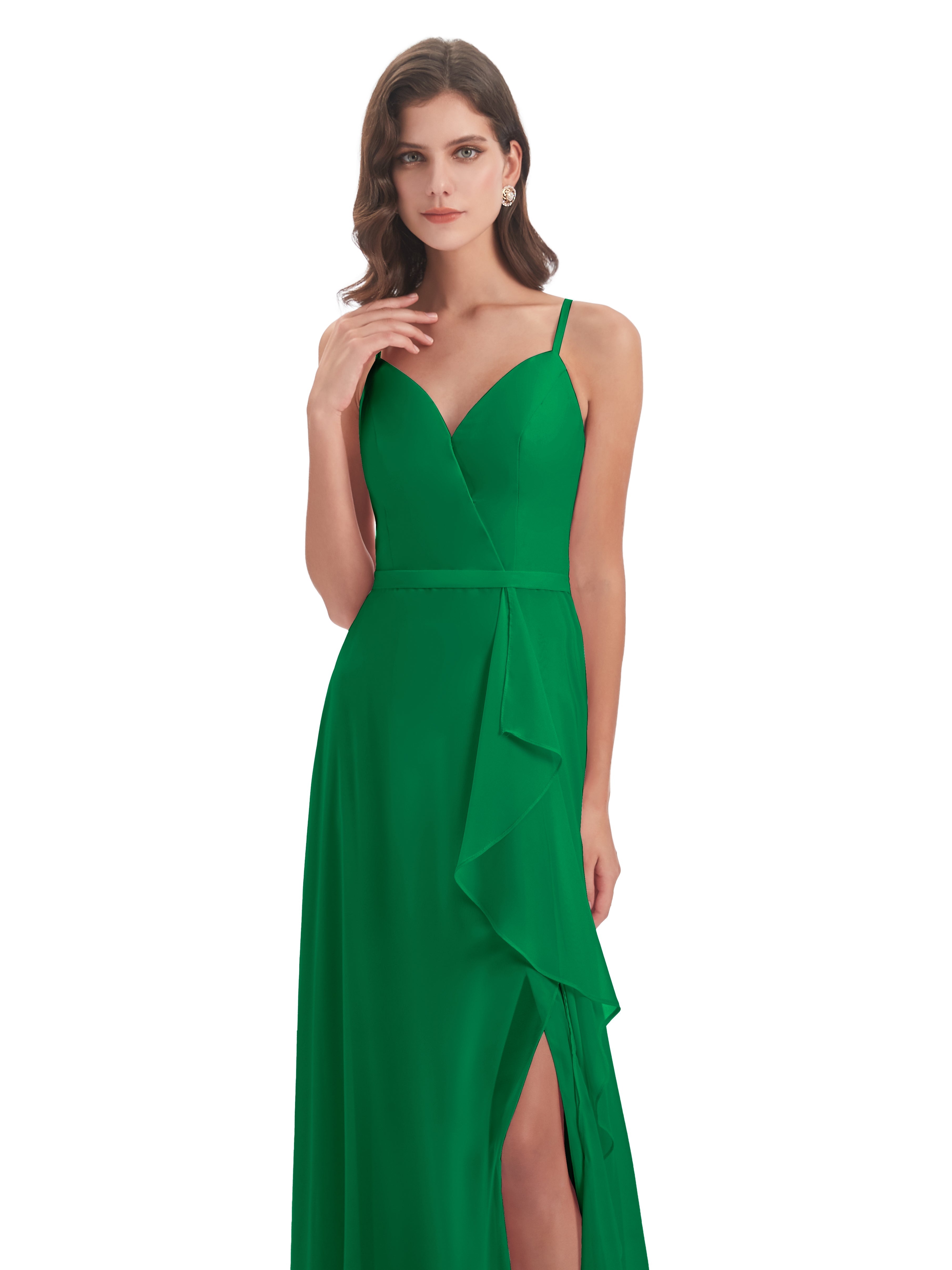 Demoiselle D'Honneur Vert Émeraude Fendue Devant Robes Demoiselle D'Honneur À Volants
