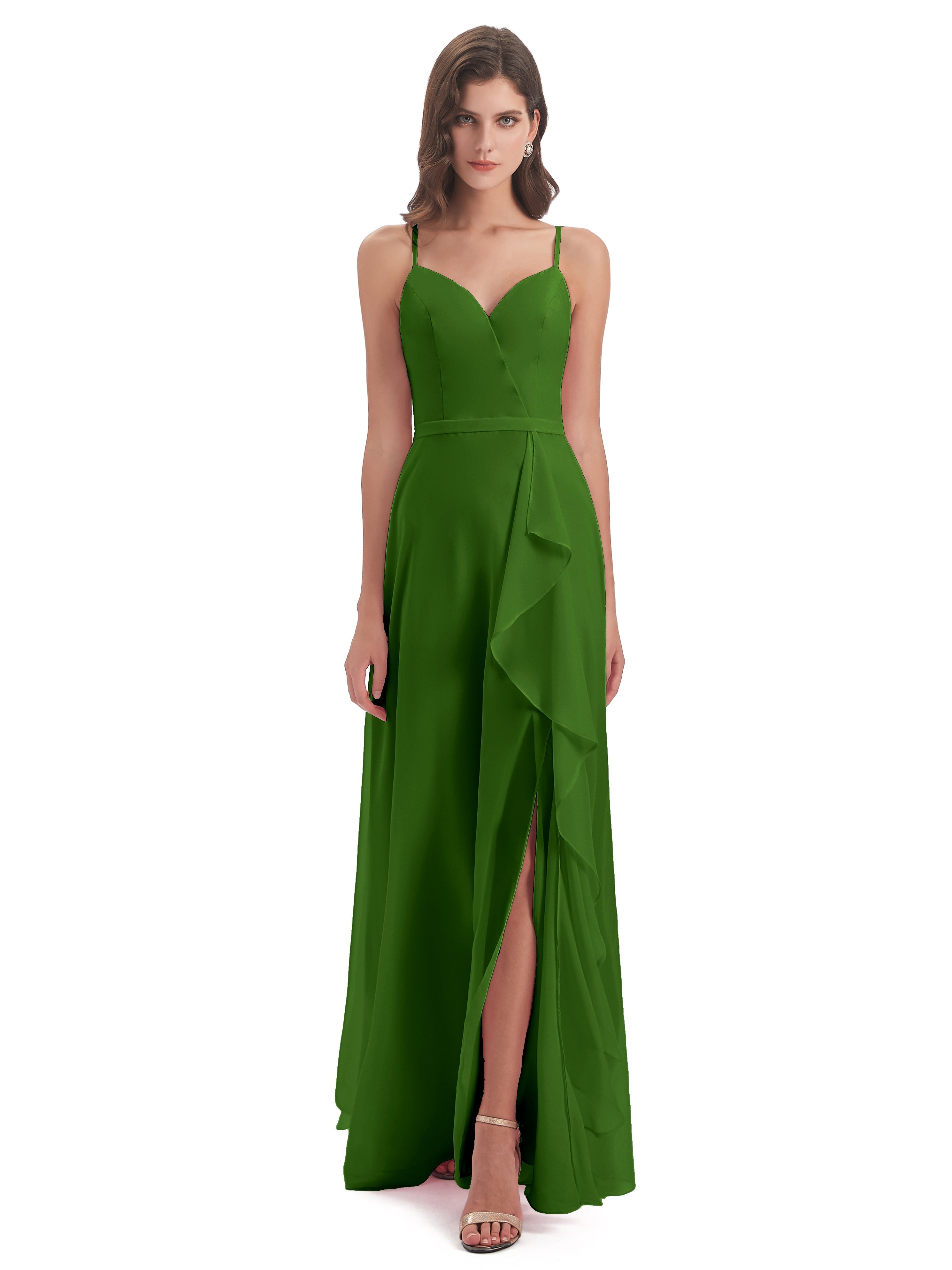 Robes De Demoiselle D'Honneur Vert Mousse Fendue Devant Robes Demoiselle D'Honneur À Volants