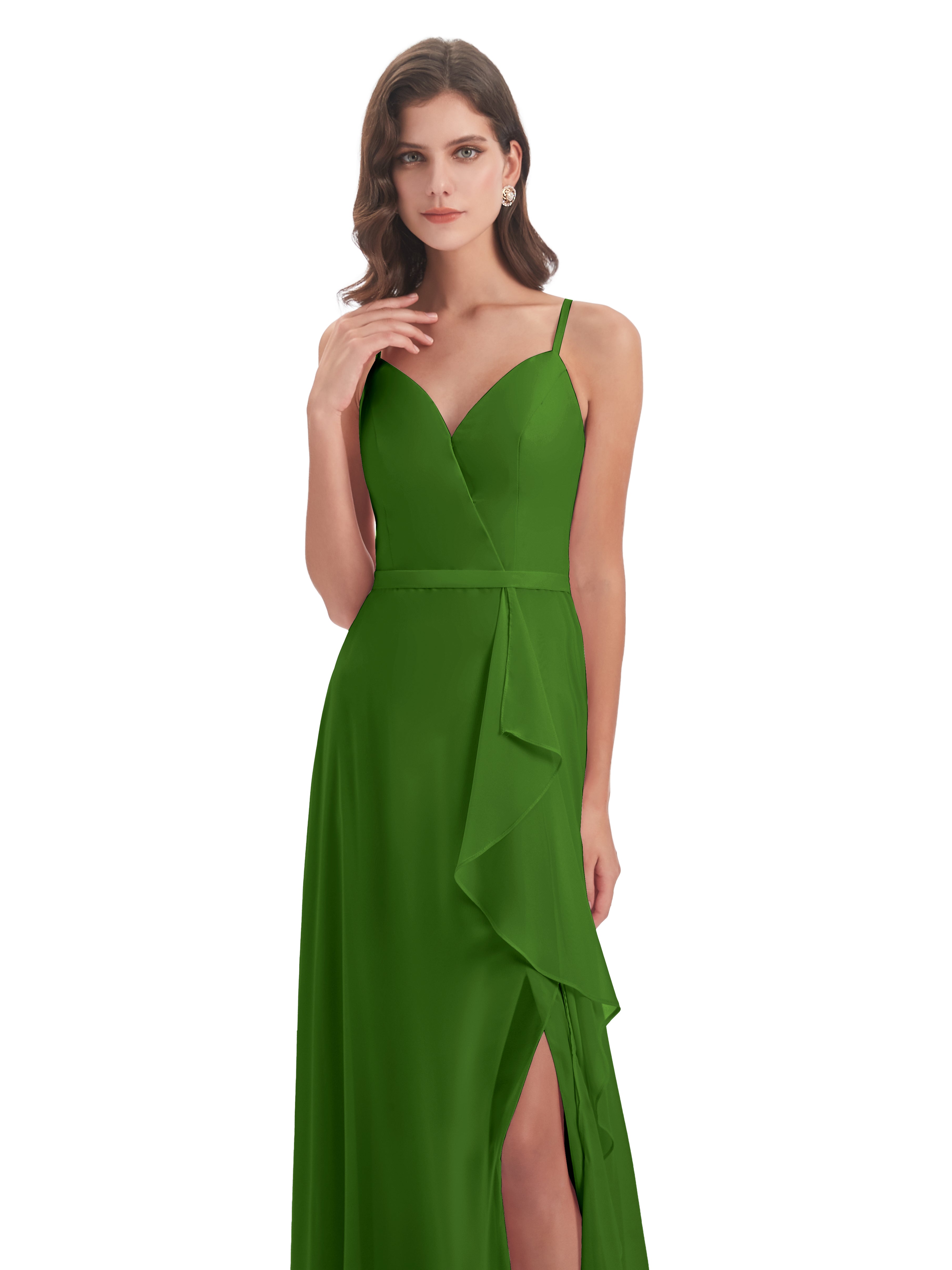 Robes De Demoiselle D'Honneur Vert Mousse Fendue Devant Robes Demoiselle D'Honneur À Volants
