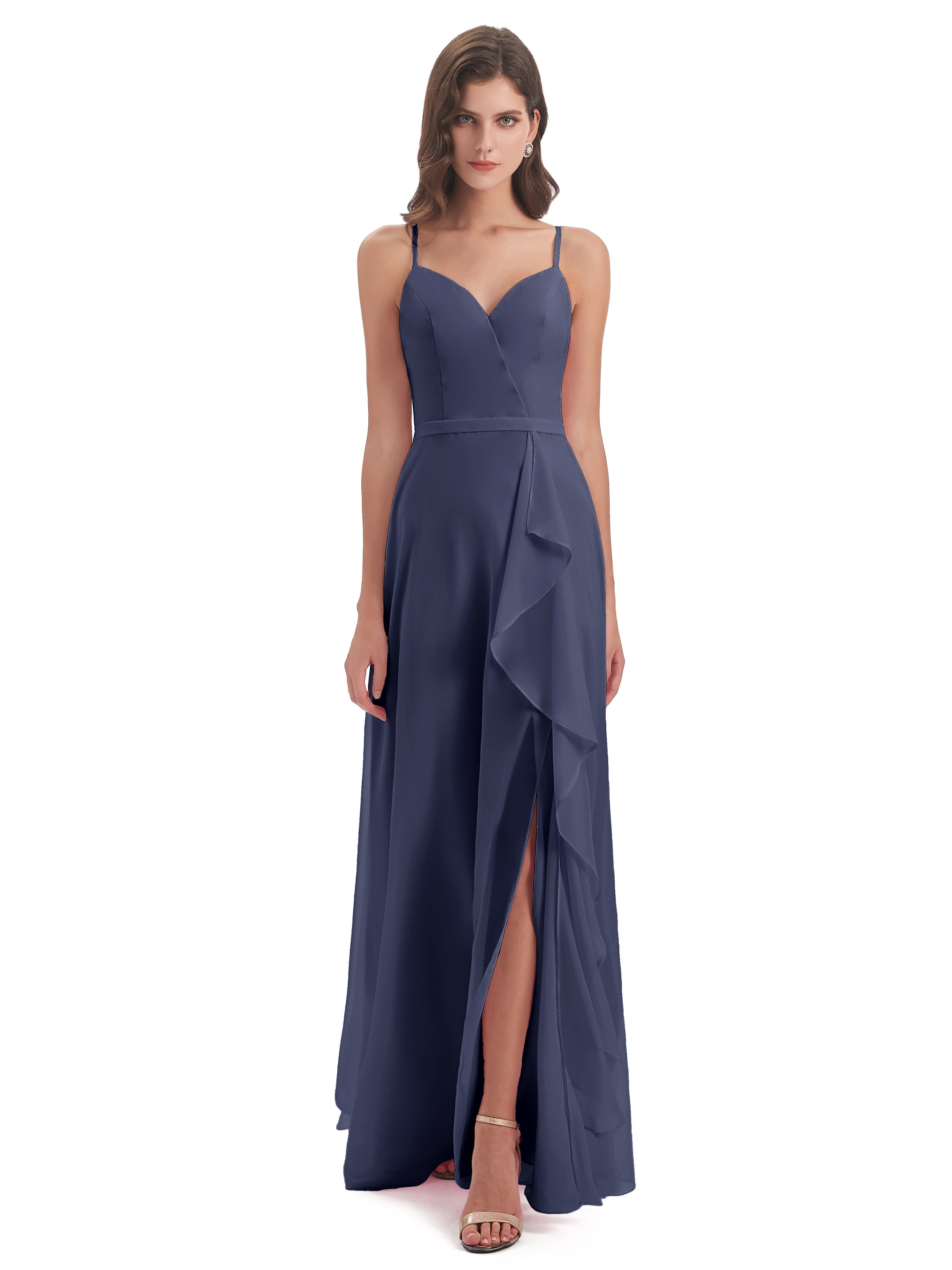 Robes De Demoiselle D'Honneur Bleu Orageux Fendue Devant Robes Demoiselle D'Honneur À Volants