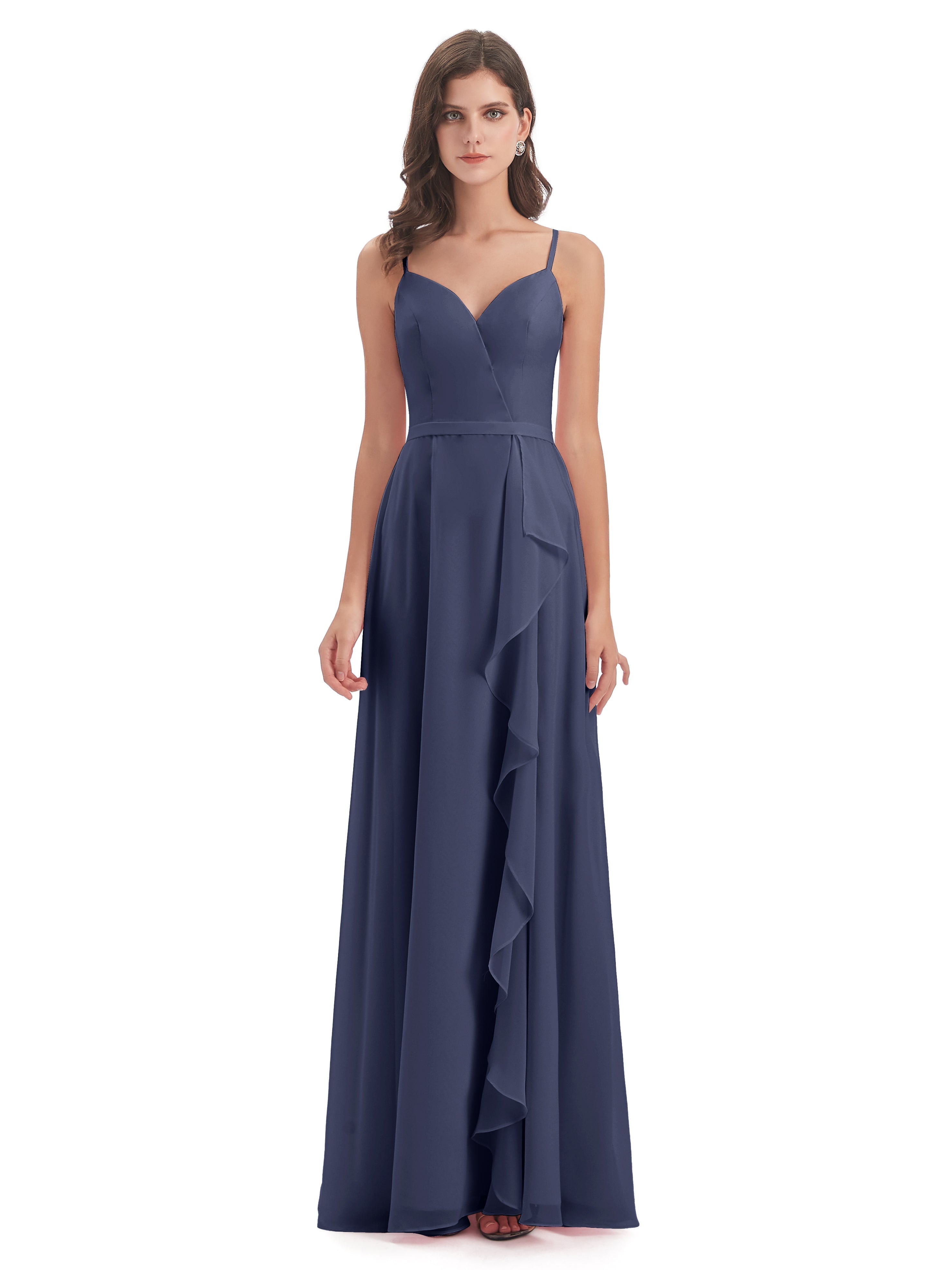 Robes De Demoiselle D'Honneur Bleu Orageux Fendue Devant Robes Demoiselle D'Honneur À Volants