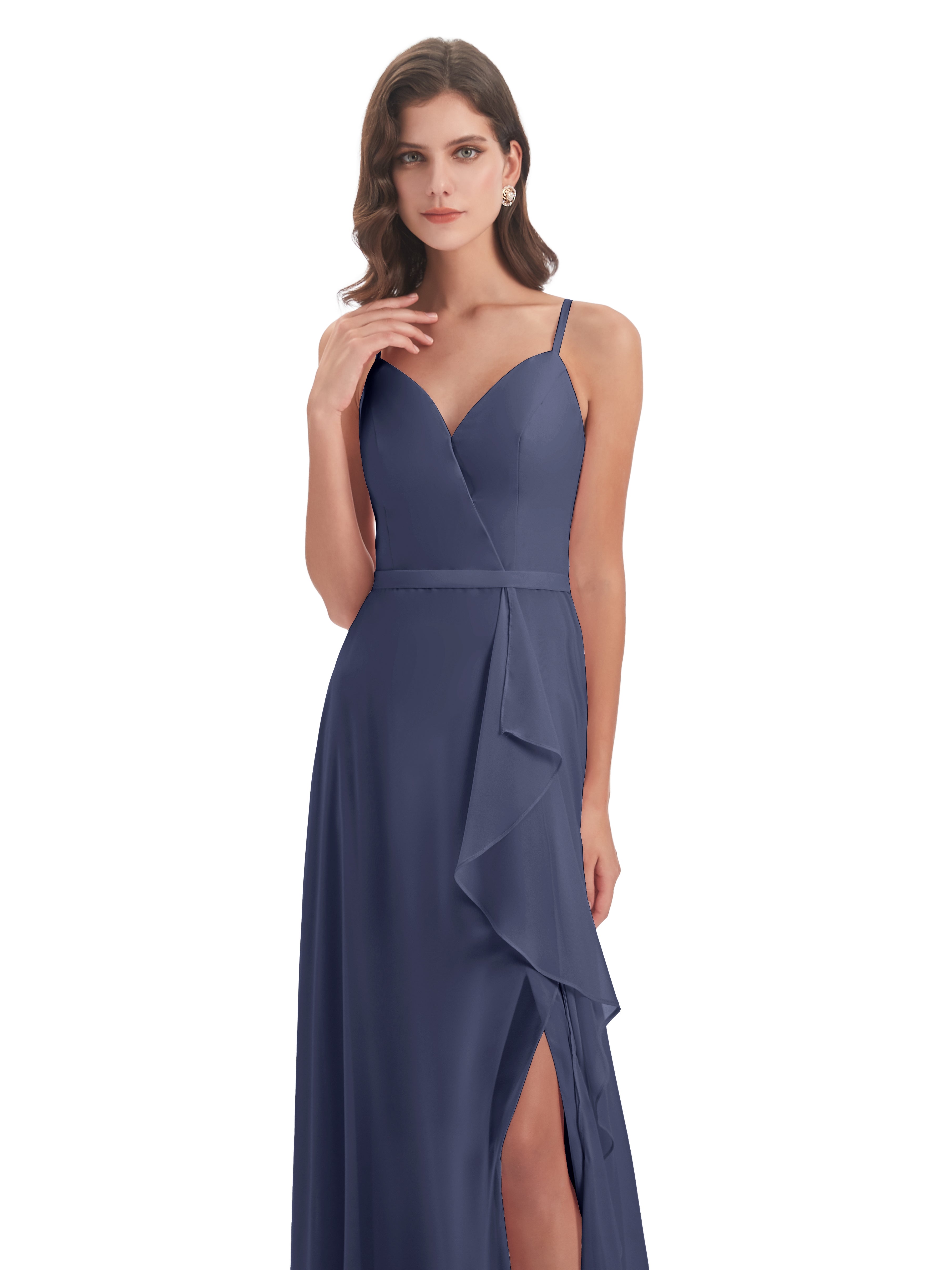 Robes De Demoiselle D'Honneur Bleu Orageux Fendue Devant Robes Demoiselle D'Honneur À Volants
