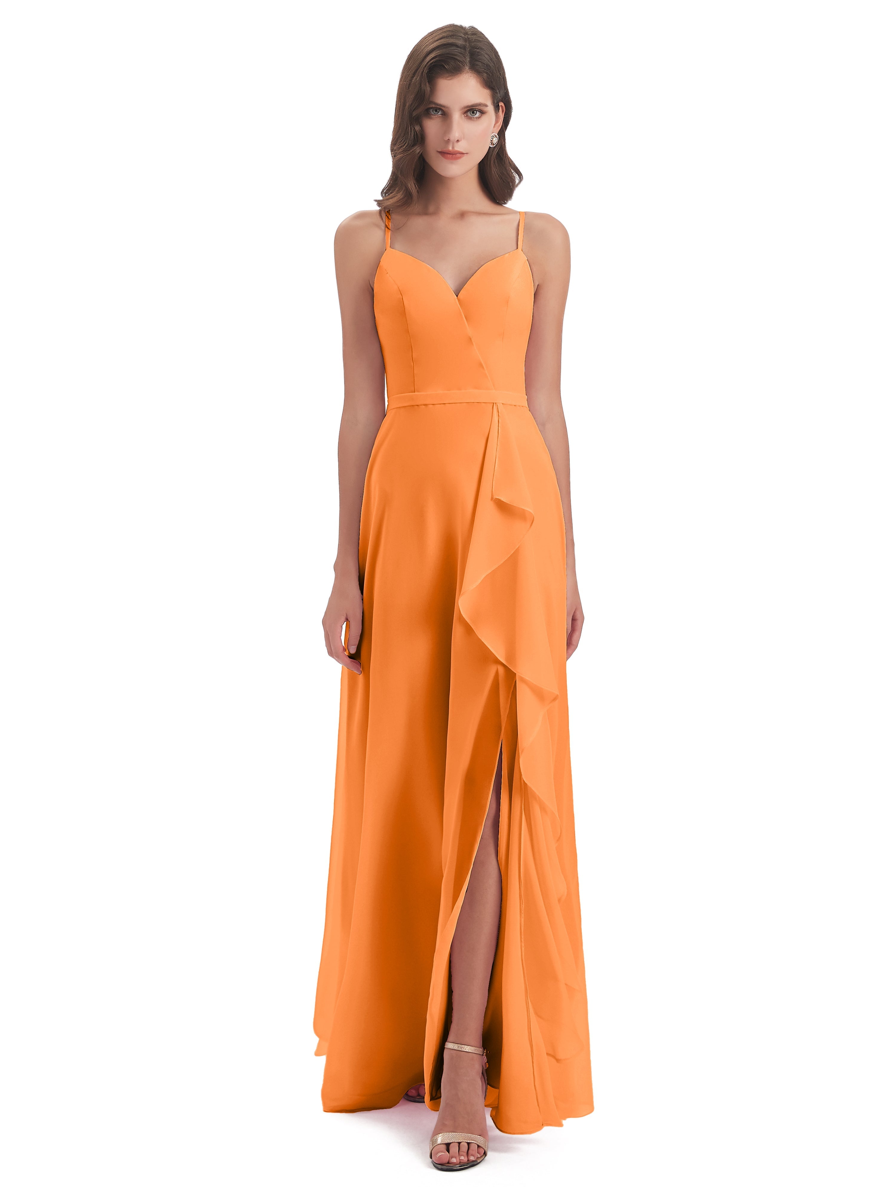 Robe De Demoiselle D Honneur Orange Fendue Devant Robes Demoiselle D'Honneur À Volants